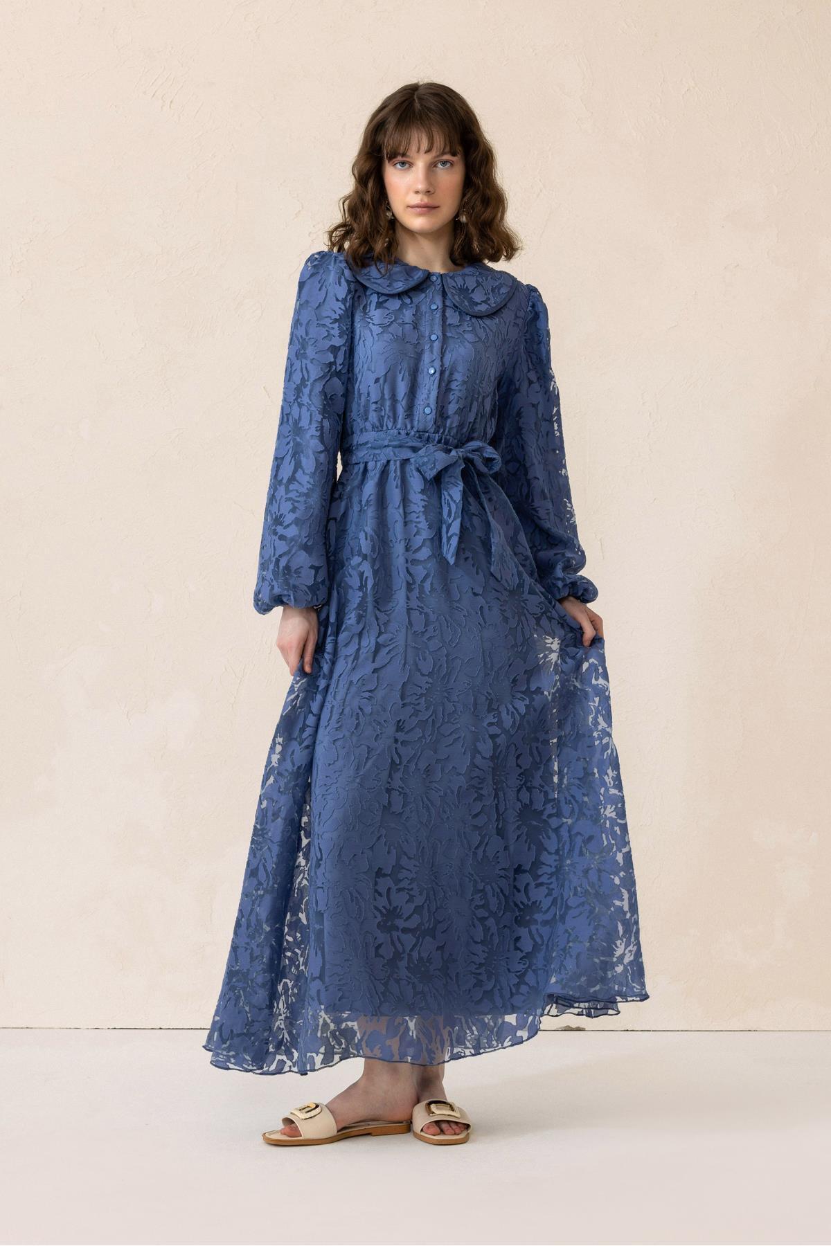 Olcay-Detský golier s balónovým rukávom Guipure Fabric Dlhé šaty INDIGO 9300-E 5
