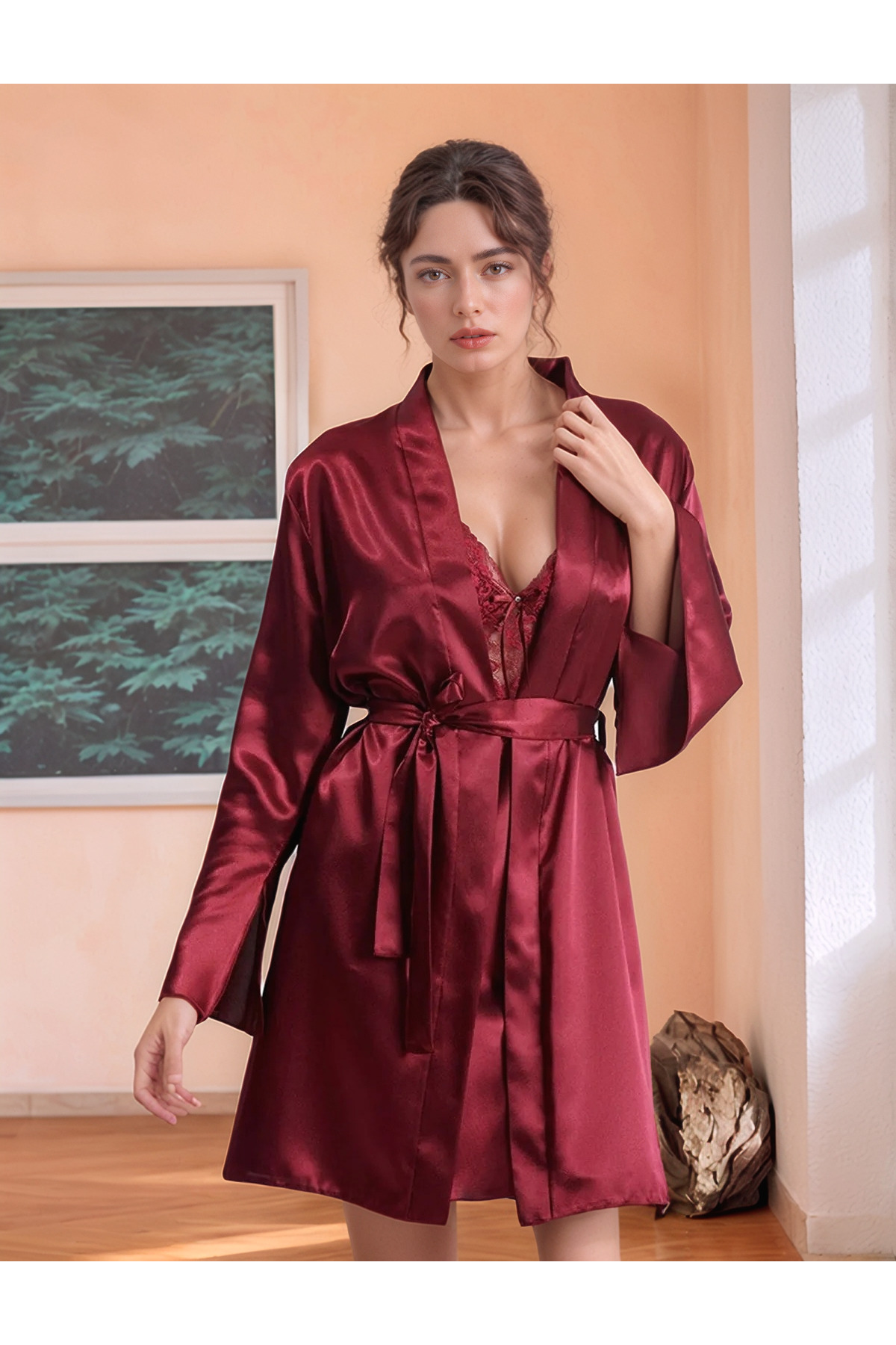 Soweto Kadın Bordo Dantelli Sabahlık Gecelik Kutulu 6'lı Çeyiz Seti- Saten- swt.0628