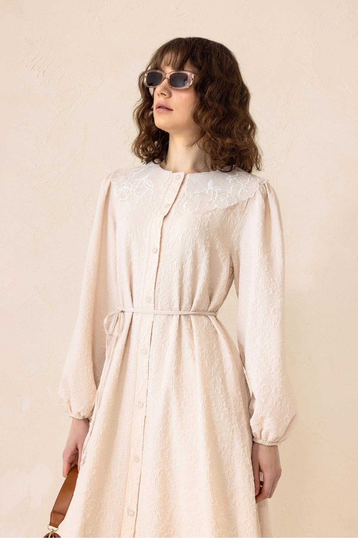 Olcay-Jacquard Long Dress with Scallop Detail Beige 9298-E 5