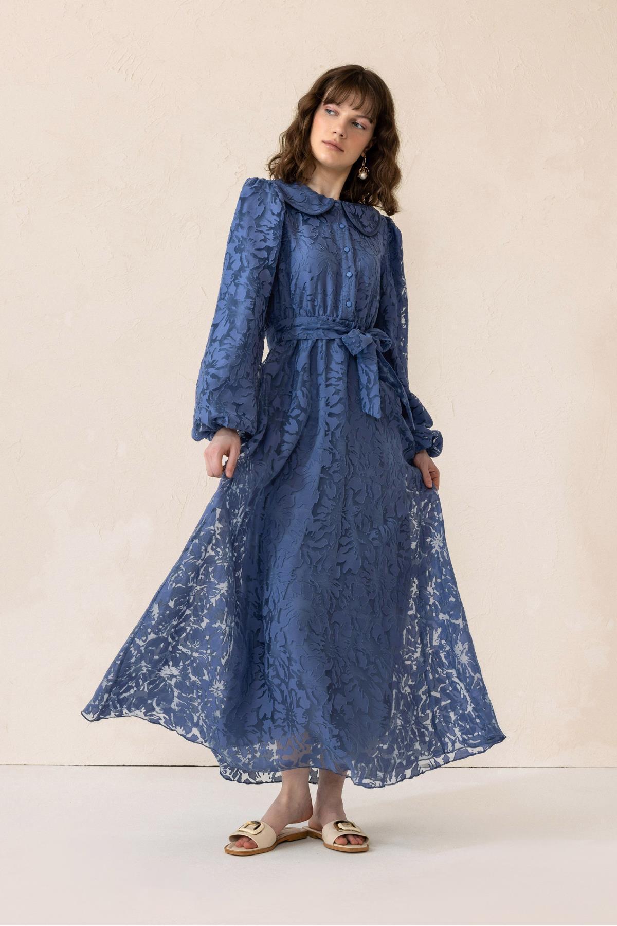 Olcay-Detský golier s balónovým rukávom Guipure Fabric Dlhé šaty INDIGO 9300-E 6