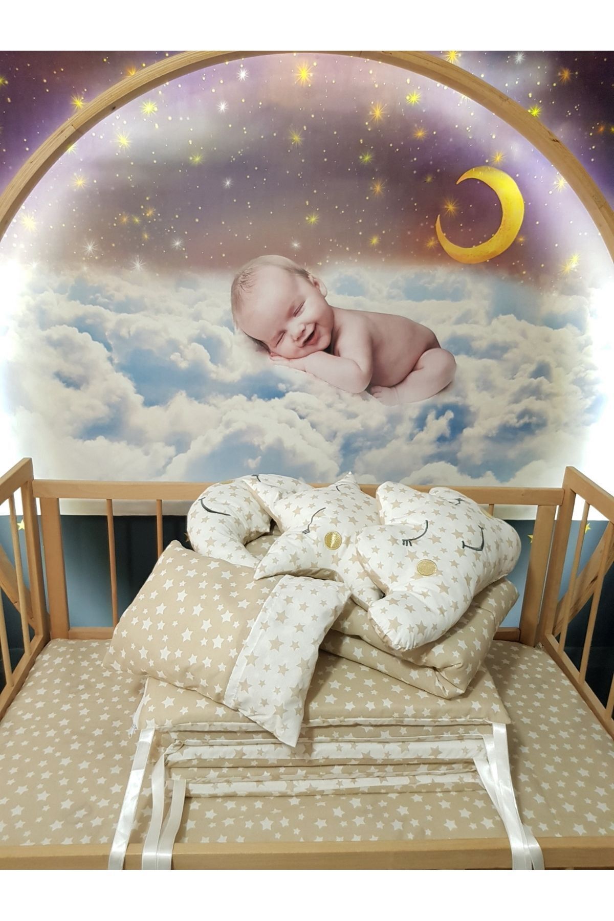 Baby Clime 60x120 Bebek Uyku Seti - Cibinlik Ve Aparat - Kahverengi Yıldız Desen fotoğrafı 7 (önizleme)