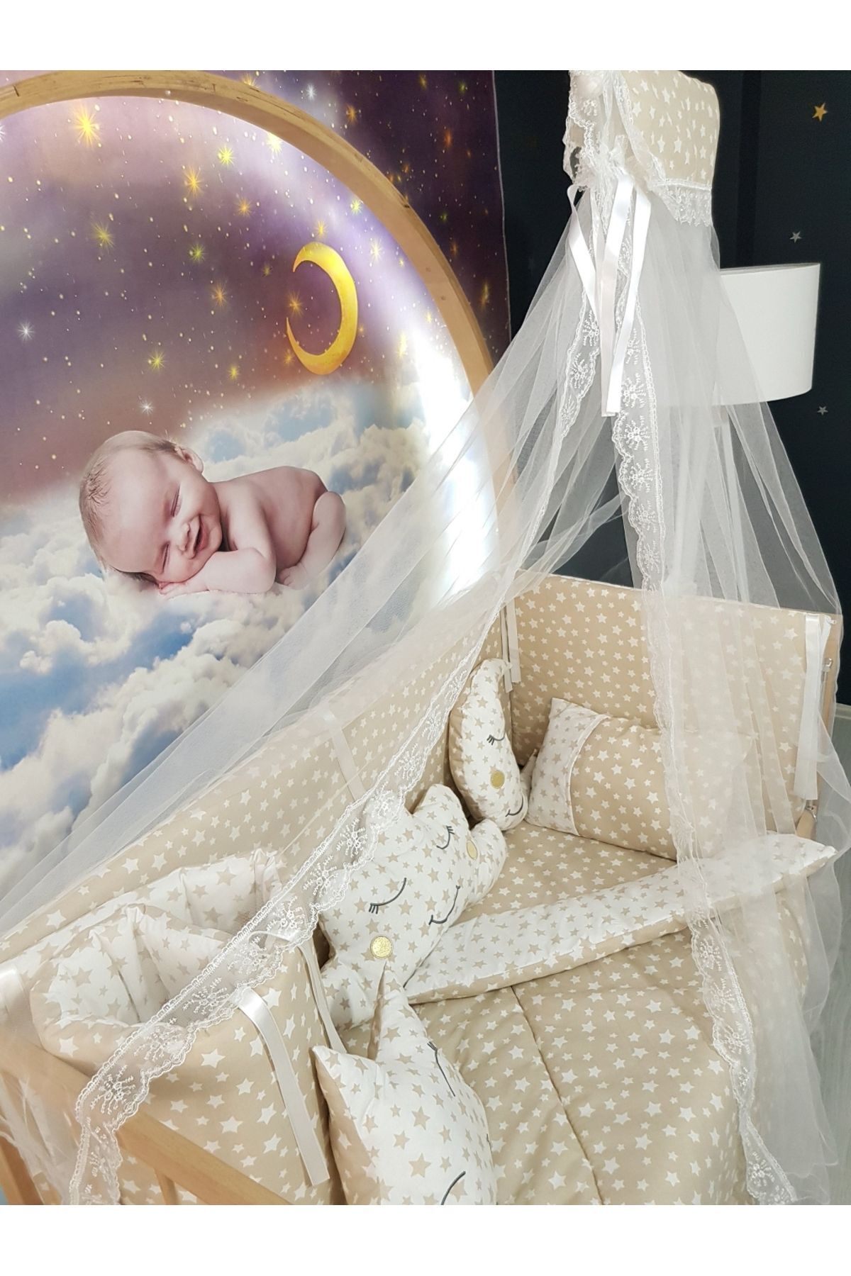 Baby Clime 60x120 Bebek Uyku Seti - Cibinlik Ve Aparat - Kahverengi Yıldız Desen fotoğrafı 3 (önizleme)