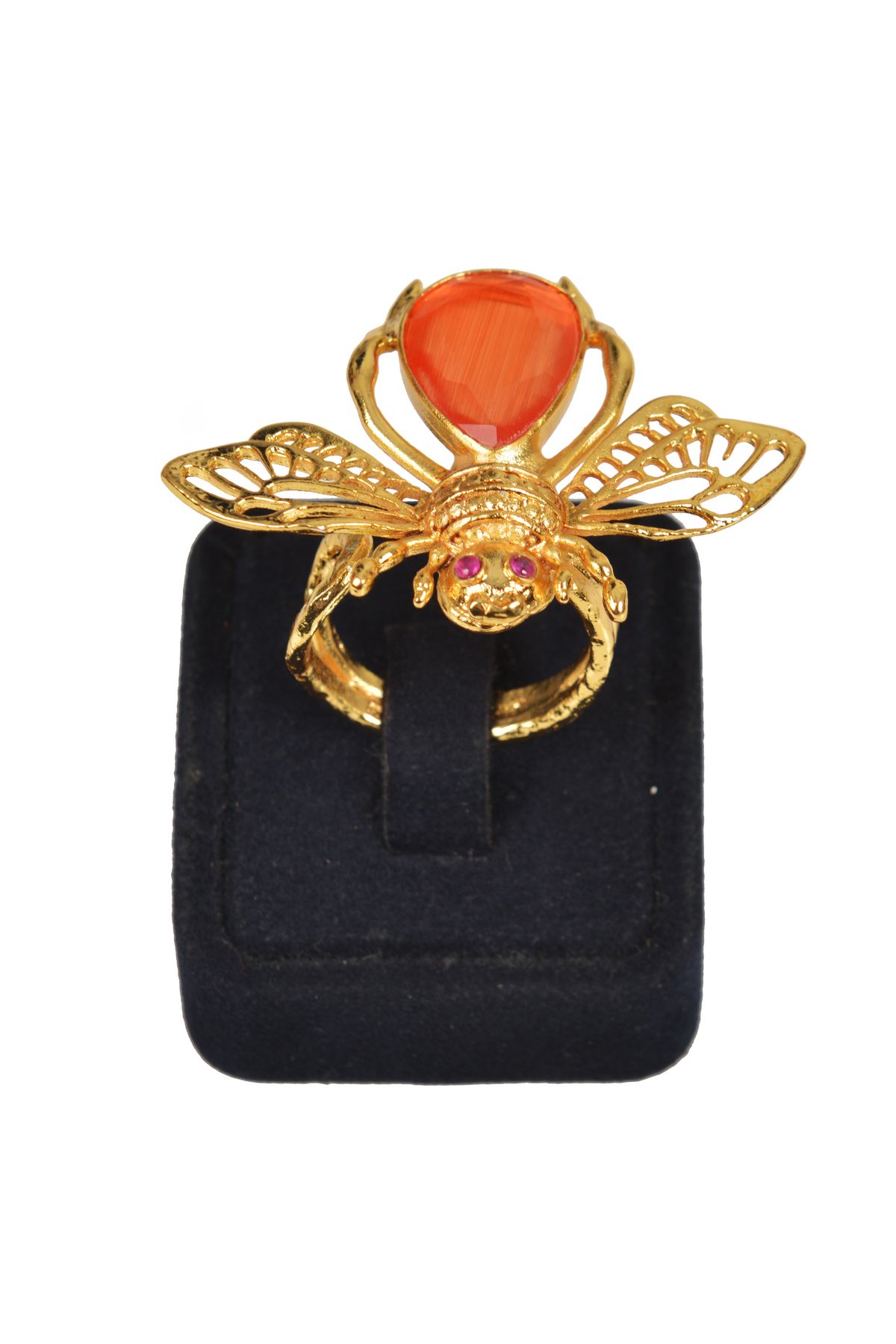 CNKM JEWELRY Rutil Kuvars ve Arı Motifli 24 Ayar Altın Kaplama Yüzük