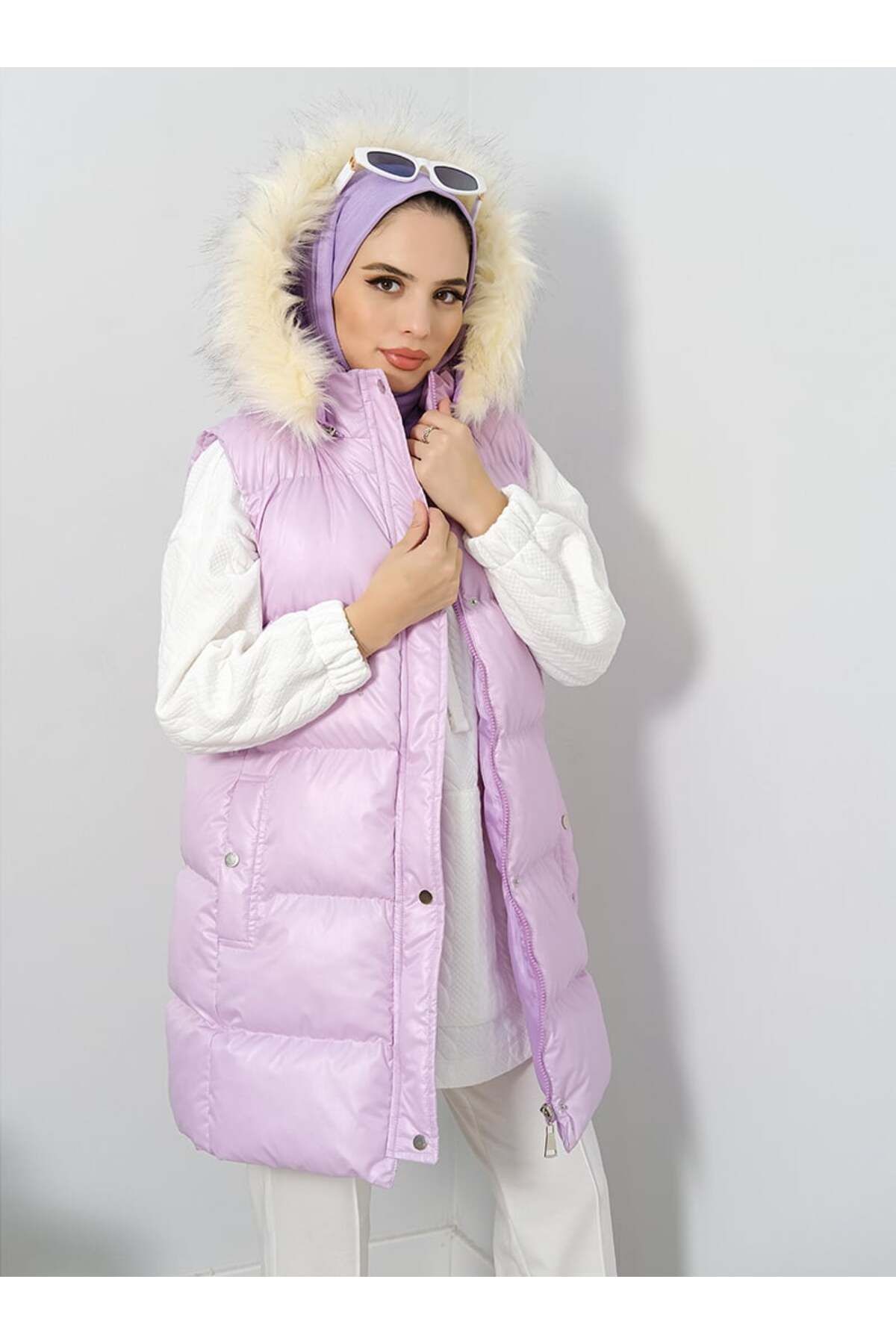 MODANİSA-Hooded Puffer Vest - Lilac - Minel 2
