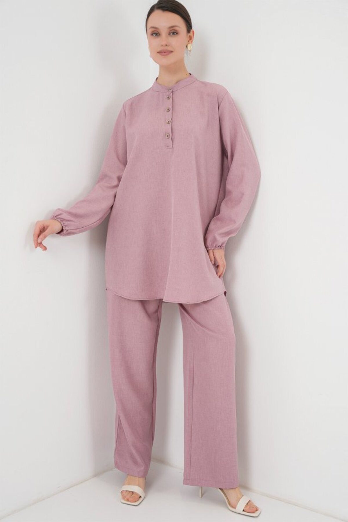gelirr 6678 Keten Tunik Pantolon İkili Takım - Gül Kurusu