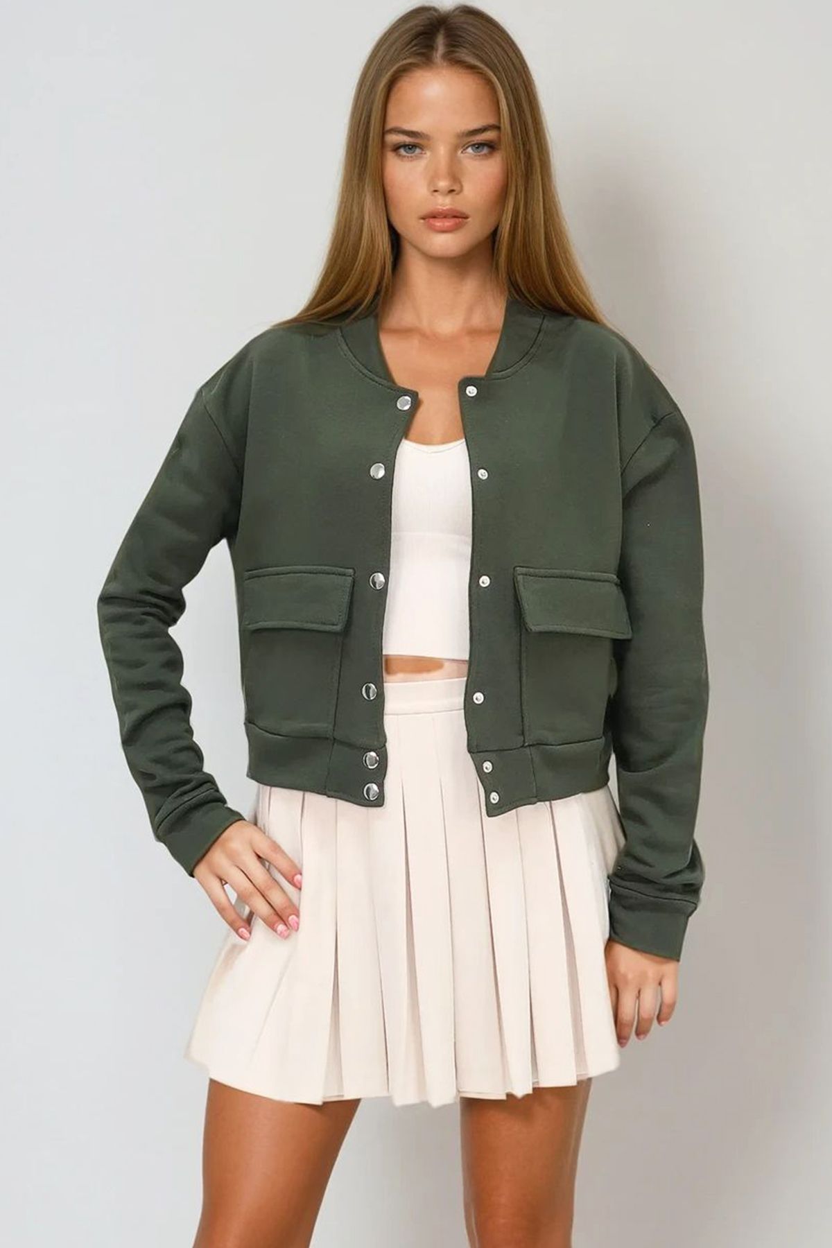 VAGGON-Women's Khaki Snap Closure Double Pocket Crop Jacket with Ribbon Inside Prm1049 3