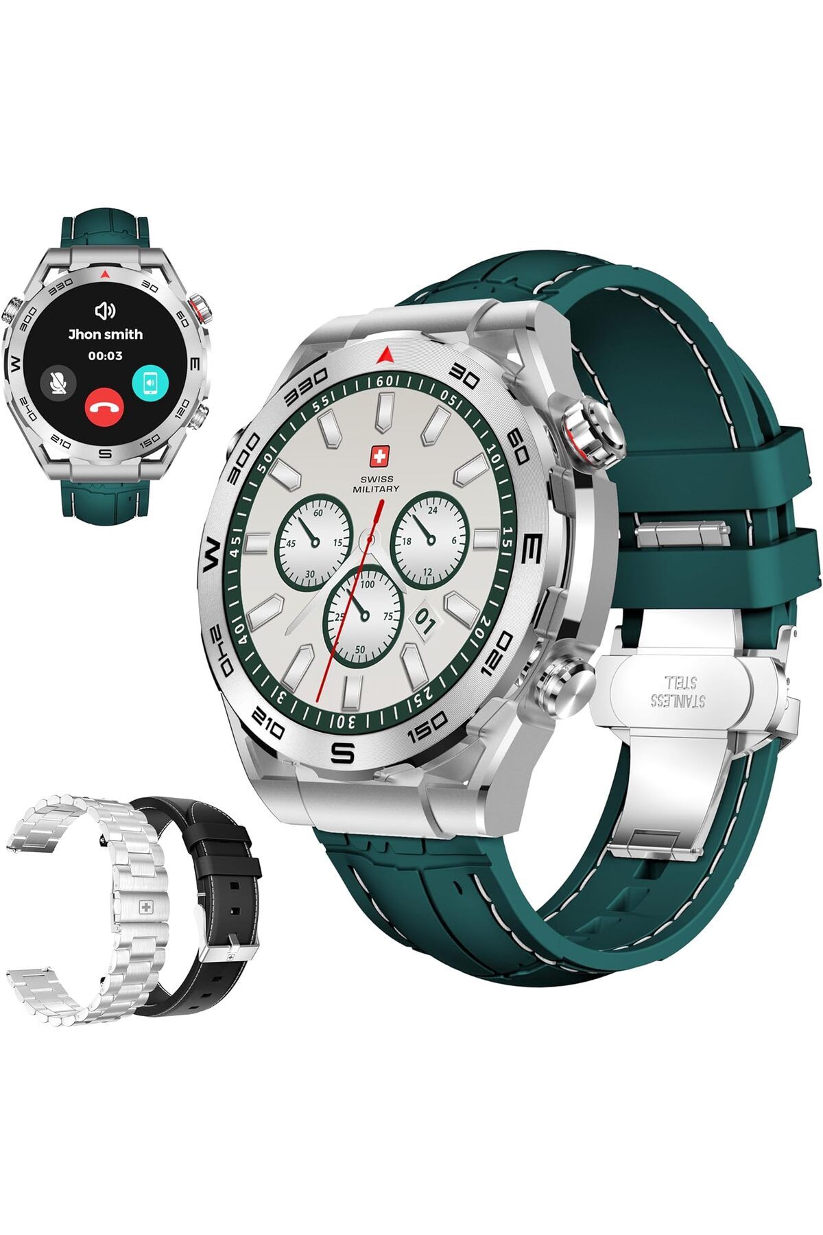 Swiss Military-DOM3 Smartwatch- 1.43" AMOLED, Bluetooth Calls, HR/BP/O2 Monitoring, Wireless Charging, IP67-Green 1