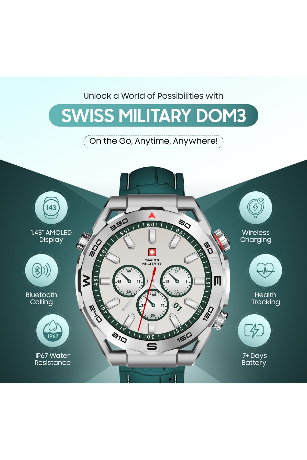 Swiss Military-DOM3 Smartwatch- 1.43" AMOLED, Bluetooth Calls, HR/BP/O2 Monitoring, Wireless Charging, IP67-Green 7