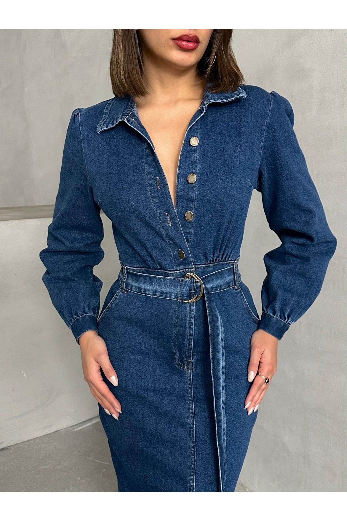 Miss Prova  Kemerli Önden Yırtmaçlı Midi Denim Elbise MISSEL00936 - Görsel 7