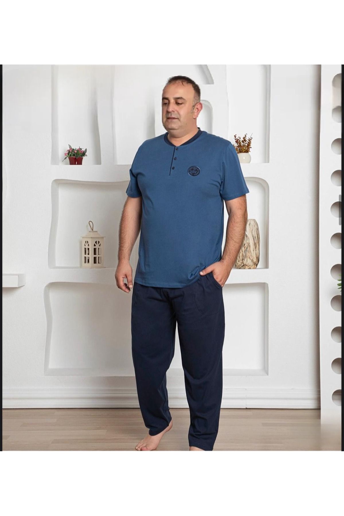 Erkek Büyük Beden Kısa Kol Cepli Pijama Takımı