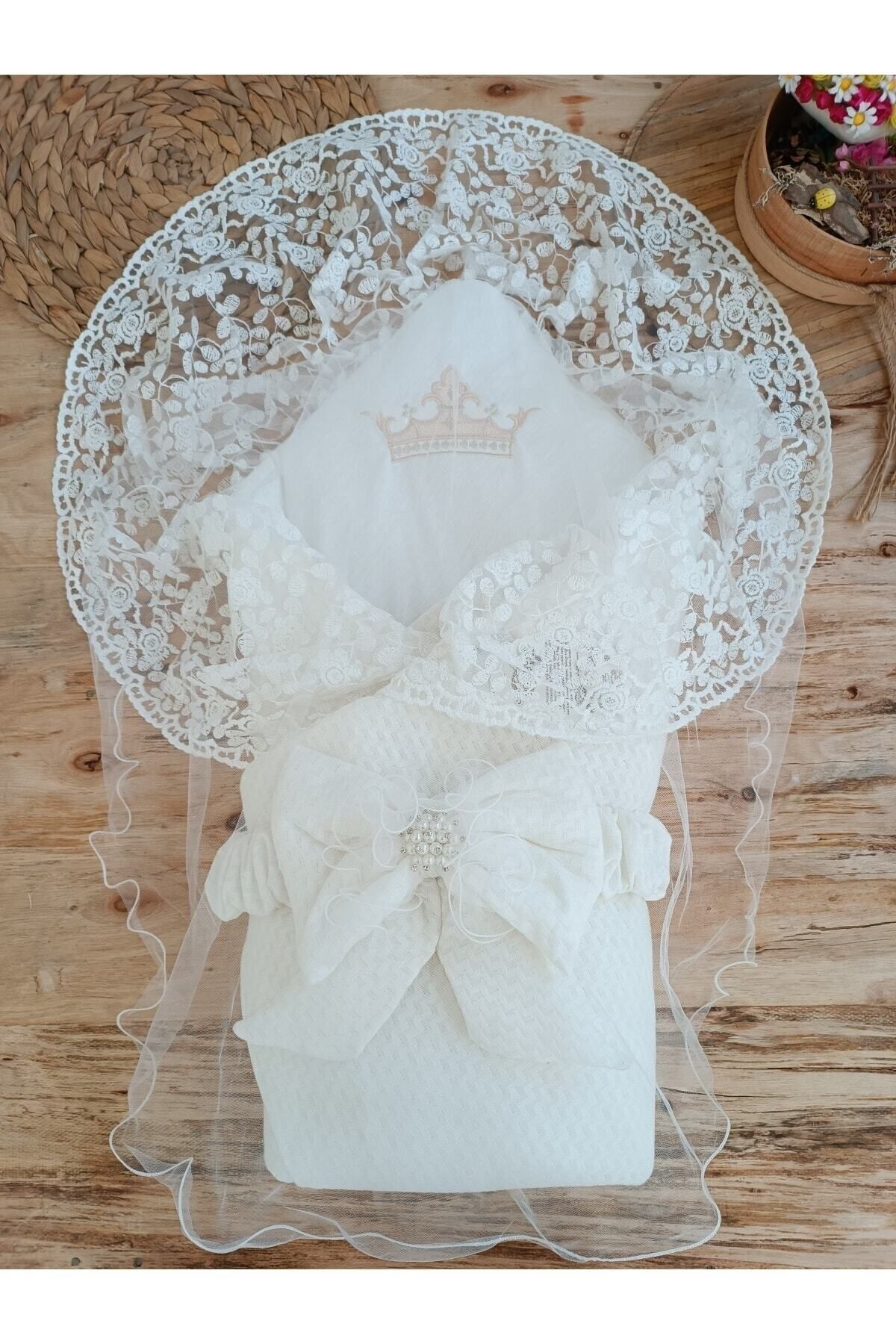 Tomuycuk Ekru Dantelli Kız Erkek Bebek Battaniyesi Kundağı Hediyelik Mevlütlük Hastane Çıkışı Yenidoğan fotoğrafı 2 (önizleme)