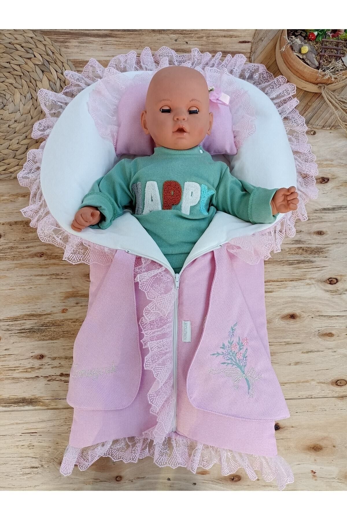 Tomuycuk Kız Bebek Battaniyesi & Kundağı Dantelli Pembe /yastıklı Fermuarlı Hediyelik Hastane Çıkışı fotoğrafı 3 (önizleme)