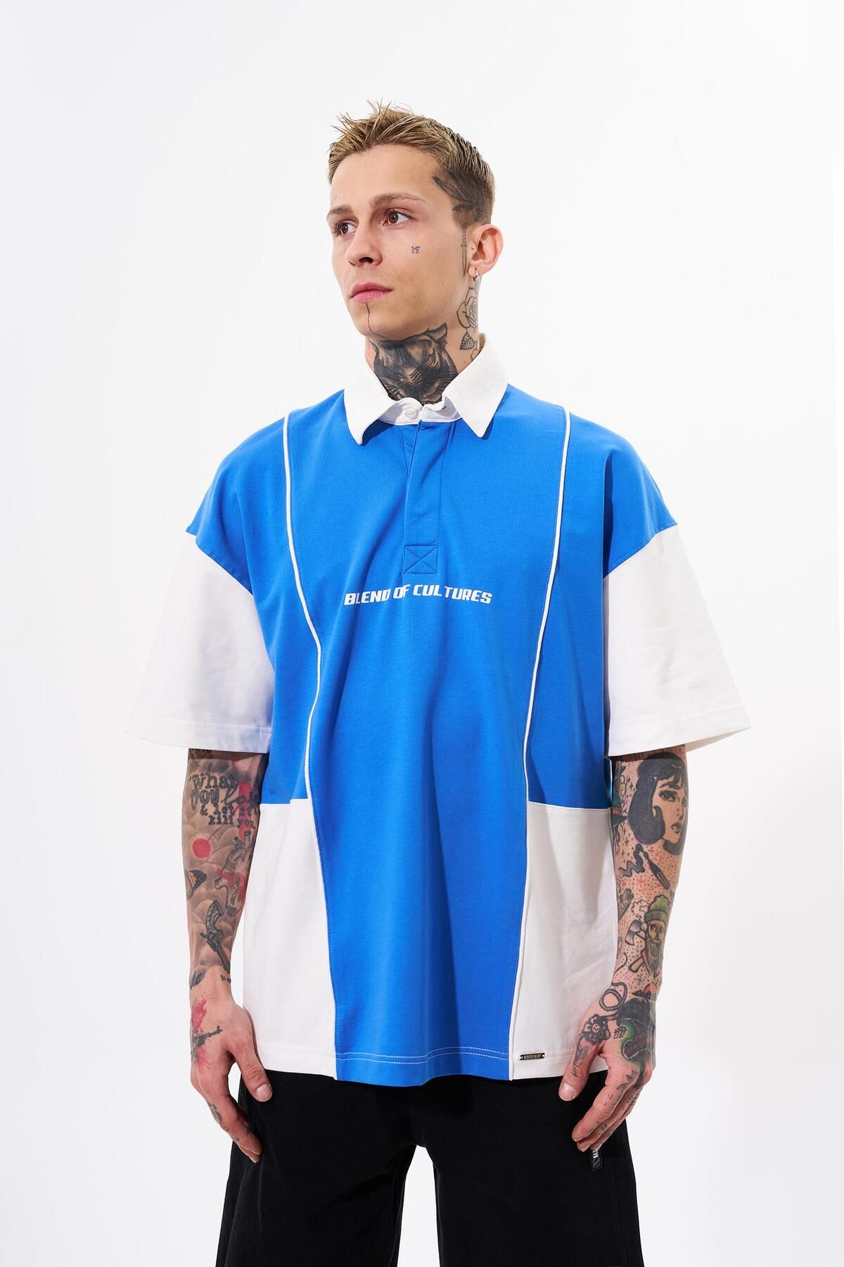 Machinist-Men's Piping and Contrast Printed Polo Blue Ecru T-Shirt 2