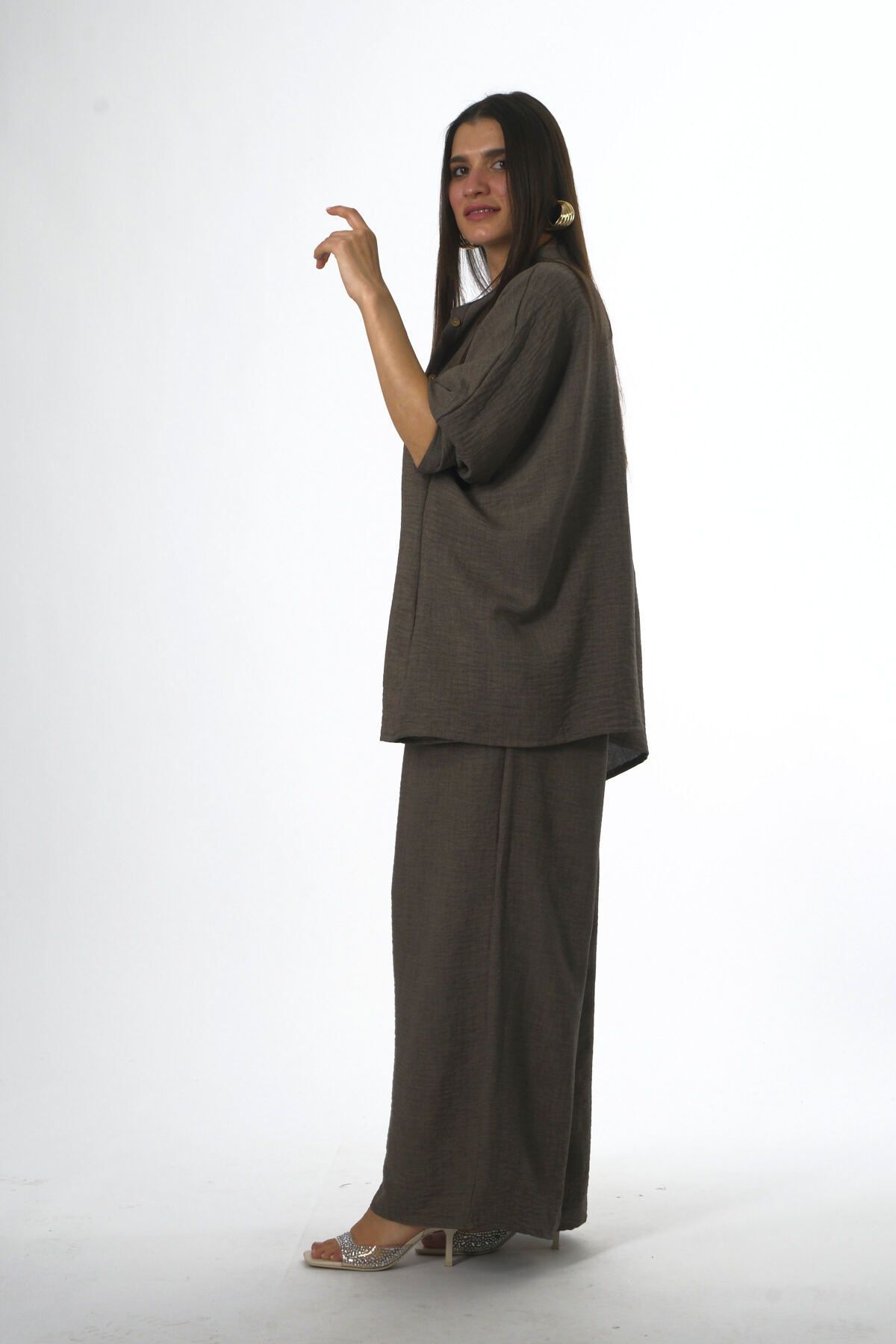 ABBRA-Women's Cotton Judge Collar Elastic Waist Summer Suit 5