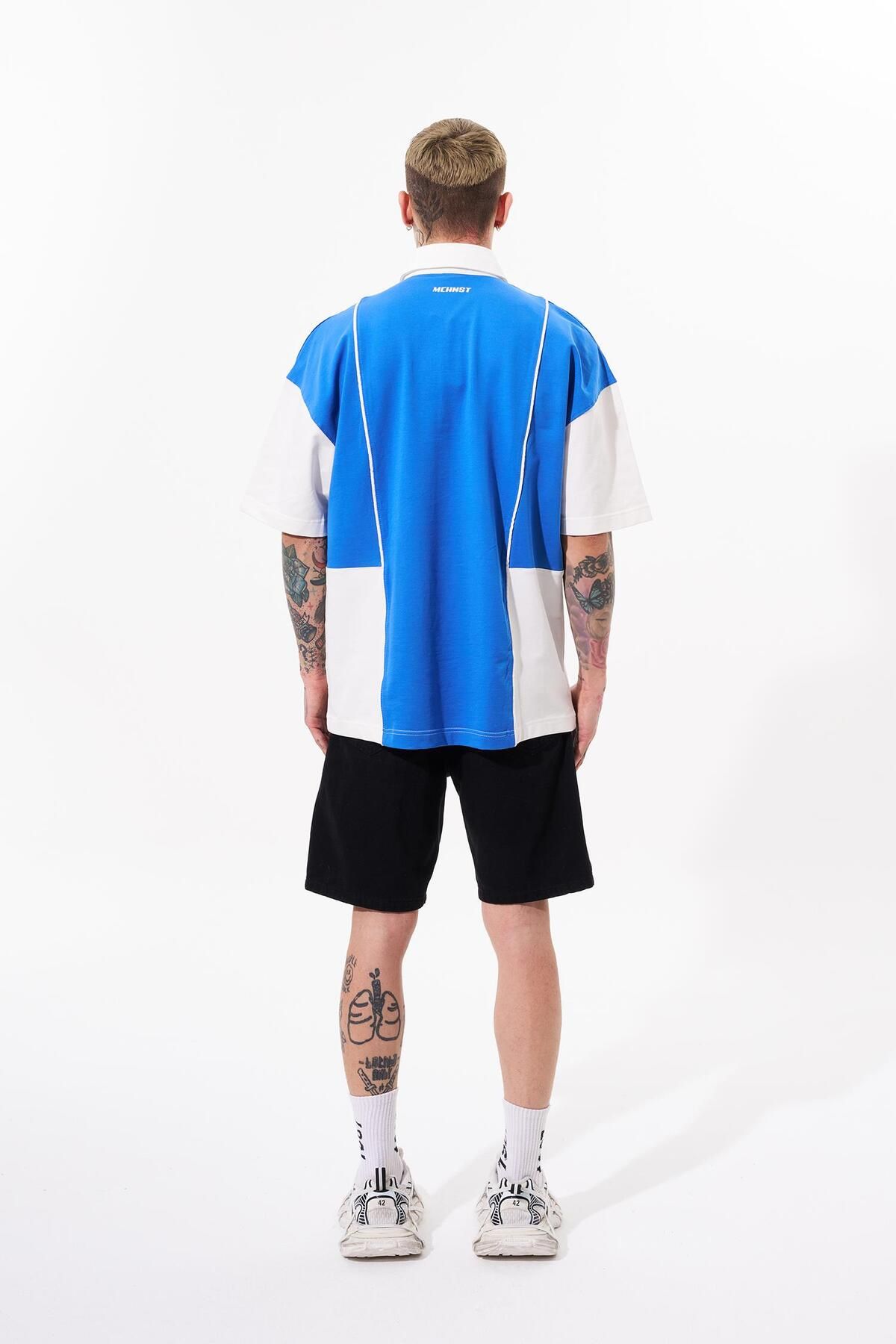 Machinist-Men's Piping and Contrast Printed Polo Blue Ecru T-Shirt 6