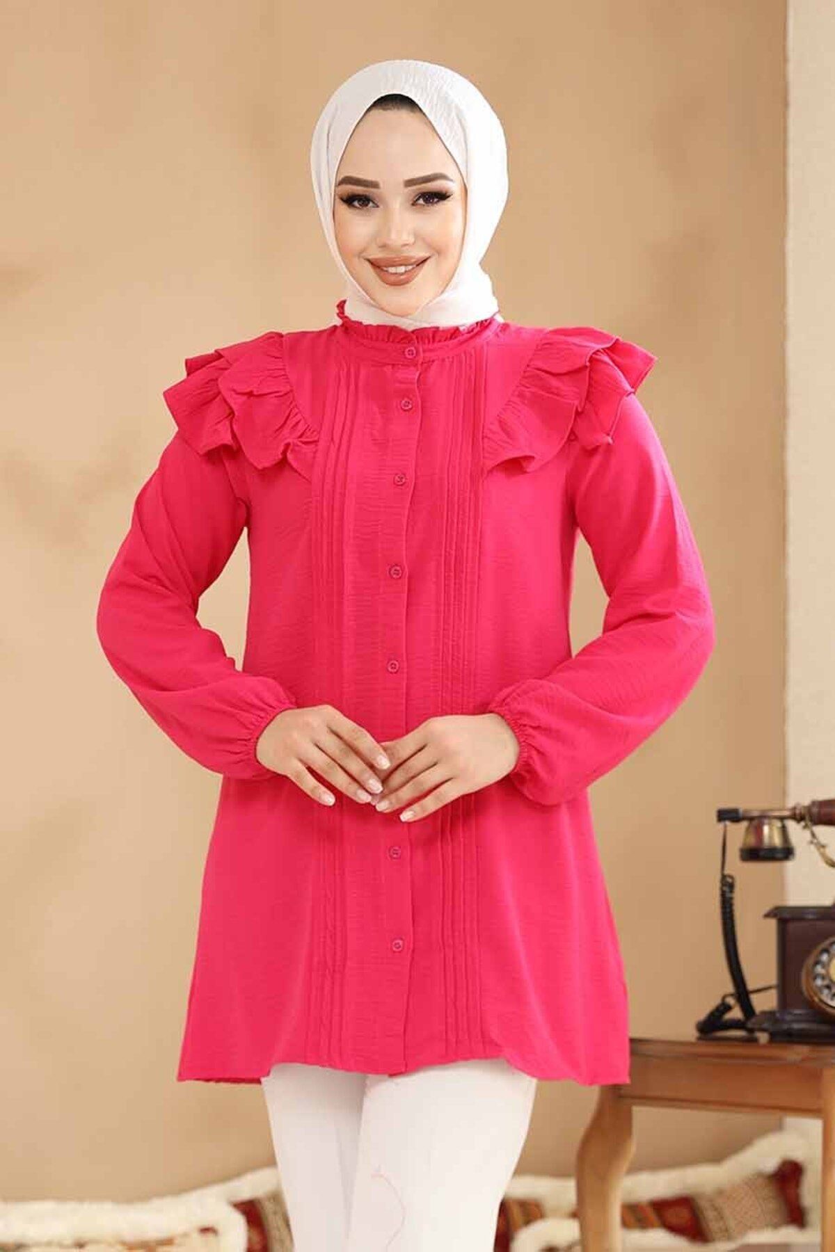 Neva Style-Buttoned Fuchsia Hijab Tunic 42291F 4