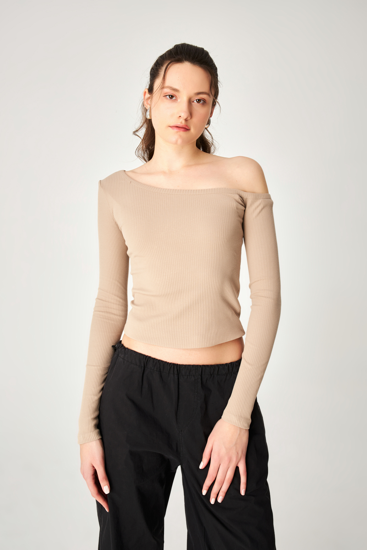 Beige Camisole Asymmetrical Neck Long Sleeve Blouse