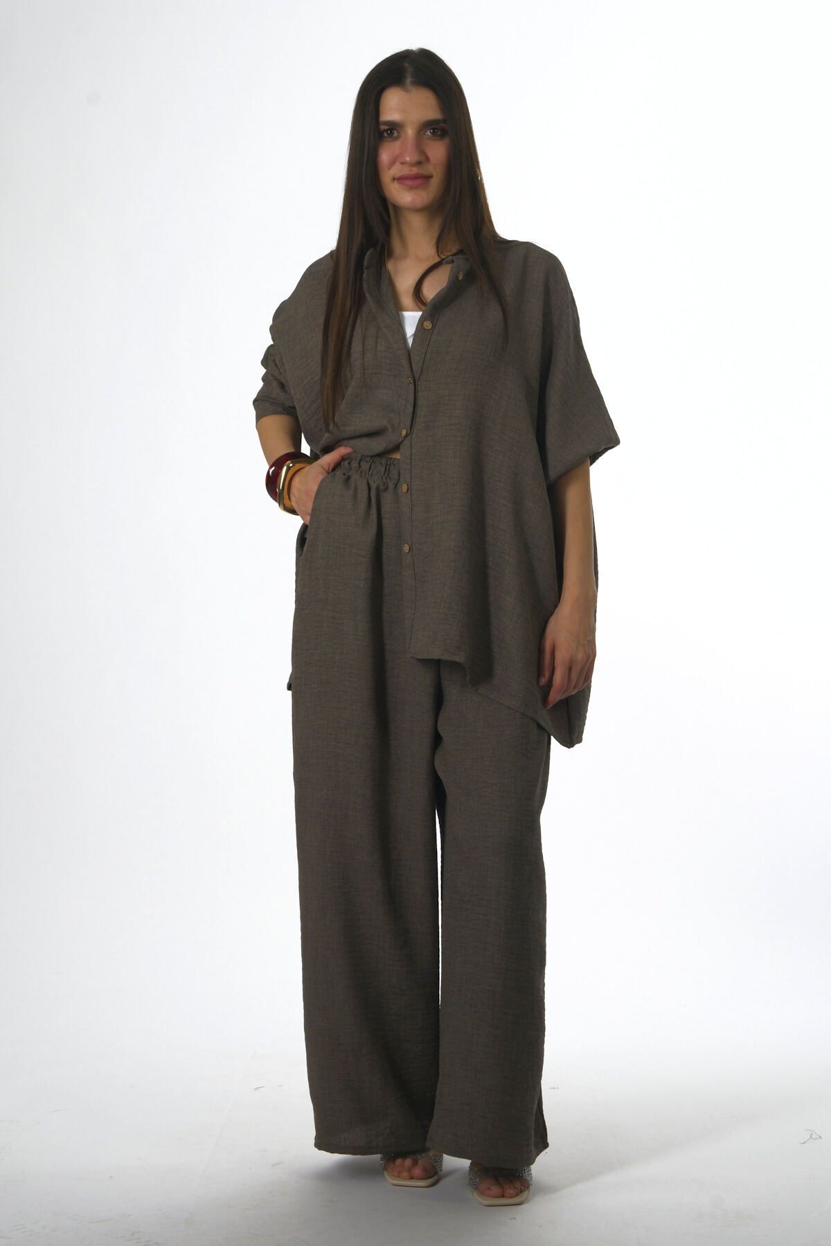 ABBRA-Women's Cotton Judge Collar Elastic Waist Summer Suit 6