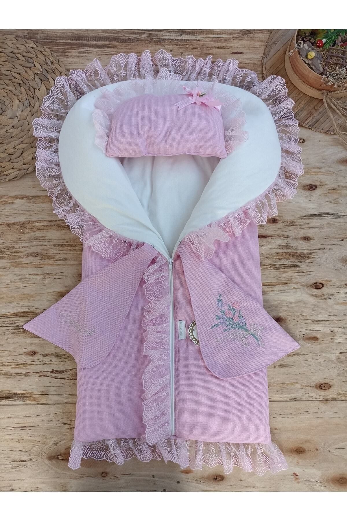 Tomuycuk Kız Bebek Battaniyesi & Kundağı Dantelli Pembe /yastıklı Fermuarlı Hediyelik Hastane Çıkışı fotoğrafı 2 (önizleme)