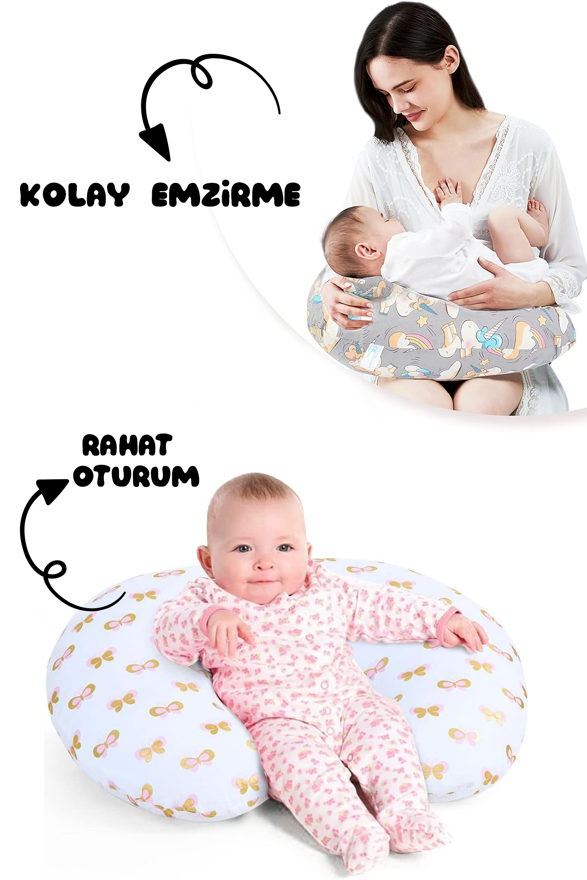 BabyModa Çift Taraflı Bebek Emzirme Yastığı, Destek Minderi, Hamile Yastığı Gri Kumaş fotoğrafı 2 (önizleme)