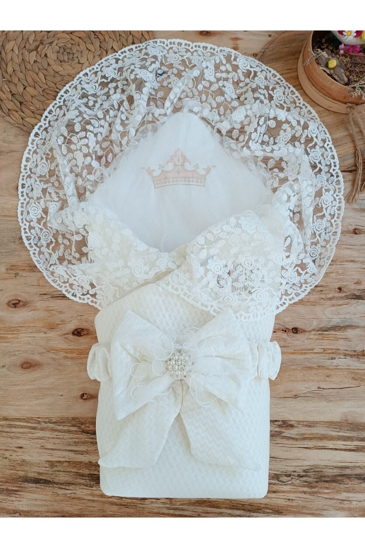 Tomuycuk Ekru Dantelli Kız Erkek Bebek Battaniyesi Kundağı Hediyelik Mevlütlük Hastane Çıkışı Yenidoğan fotoğrafı 3 (önizleme)