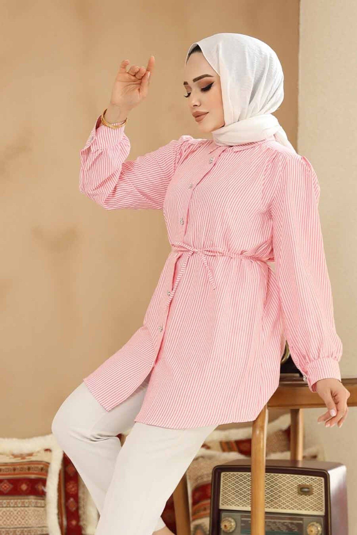 Neva Style Düğmeli Pembe Tesettür Tunik 42421P