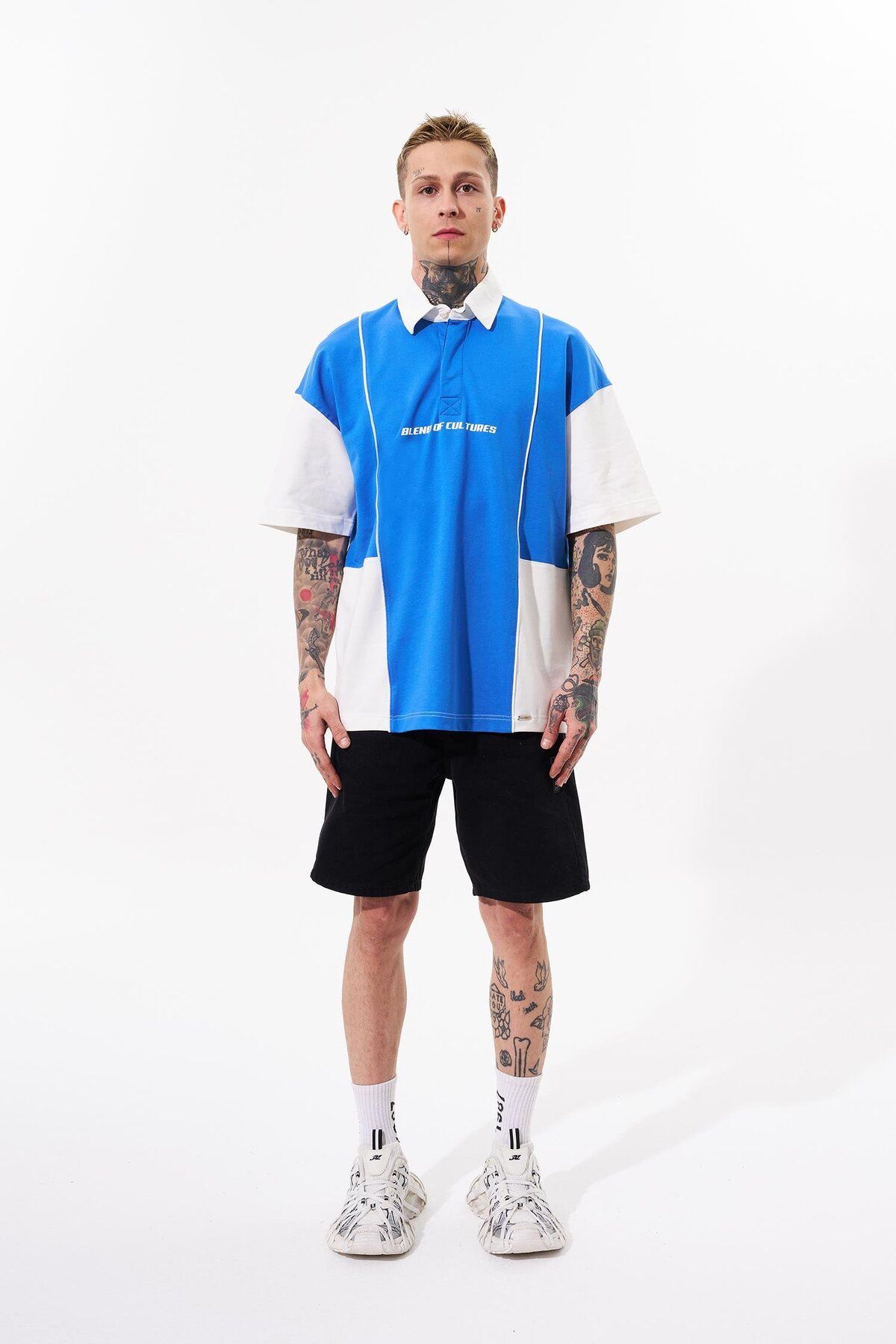 Machinist-Men's Piping and Contrast Printed Polo Blue Ecru T-Shirt 5