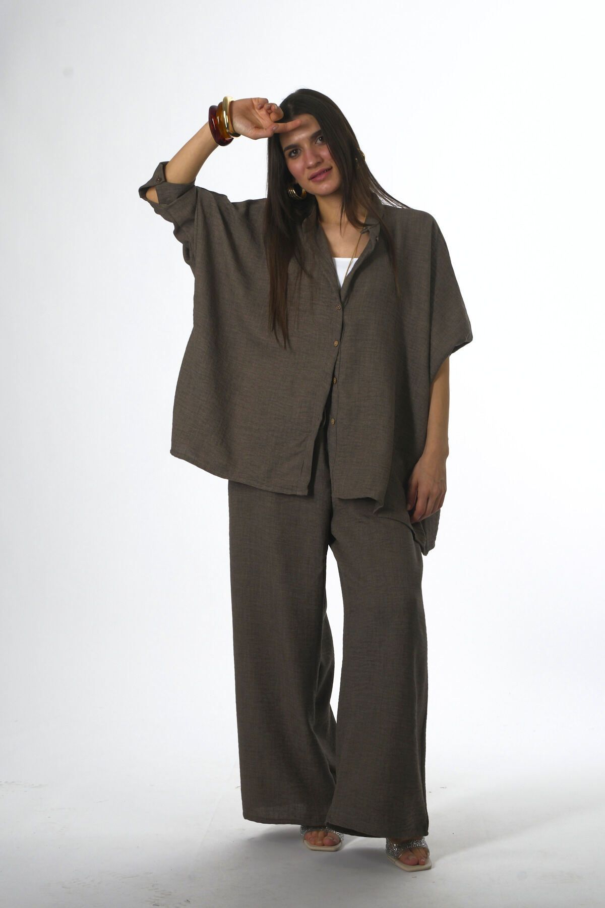 ABBRA-Women's Cotton Judge Collar Elastic Waist Summer Suit 4