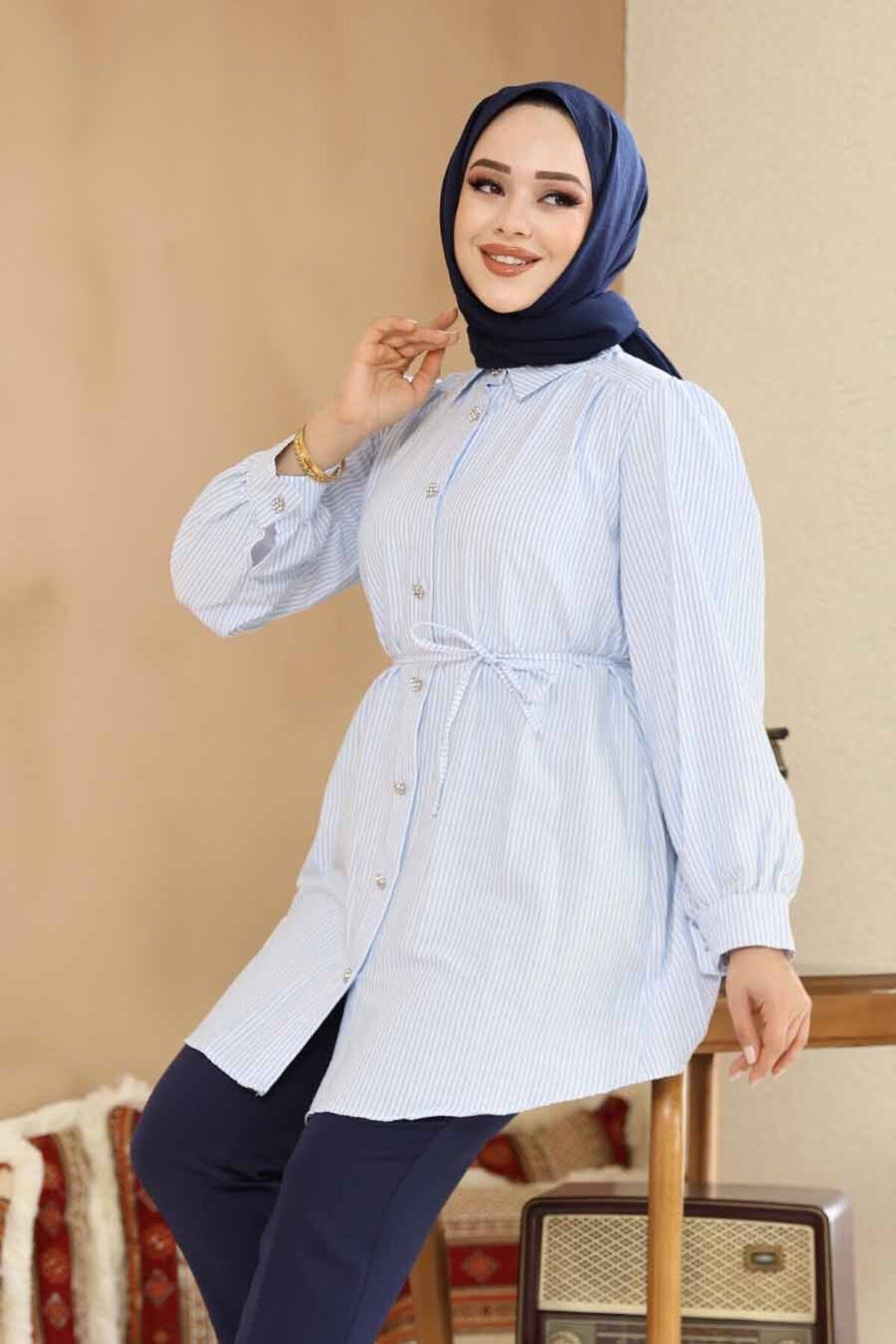 Neva Style Düğmeli Bebek Mavisi Tesettür Tunik 42421BM