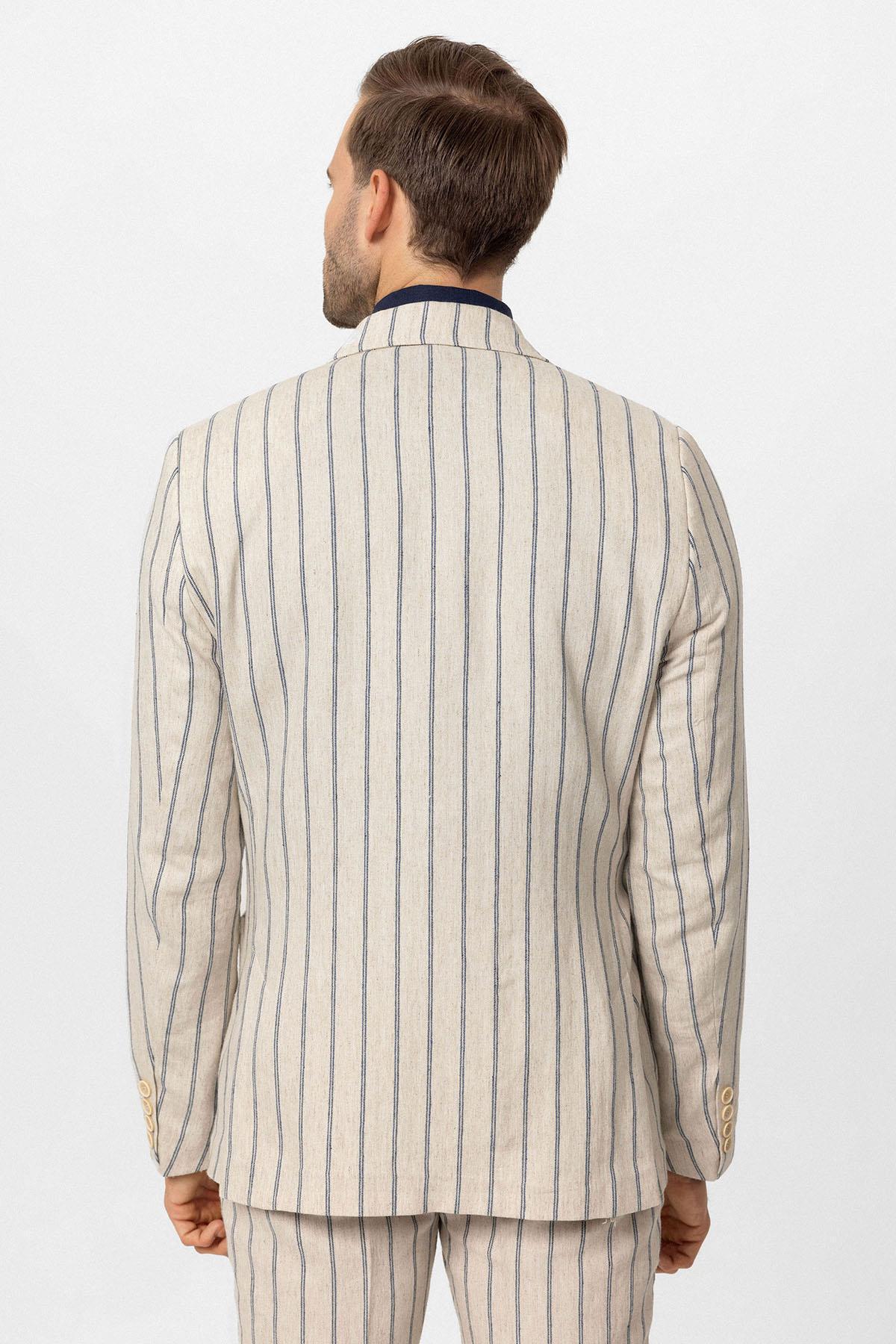 Antioch-Ecru-Indigo Linen Blended Double Breasted Men's Blazer Jacket 6