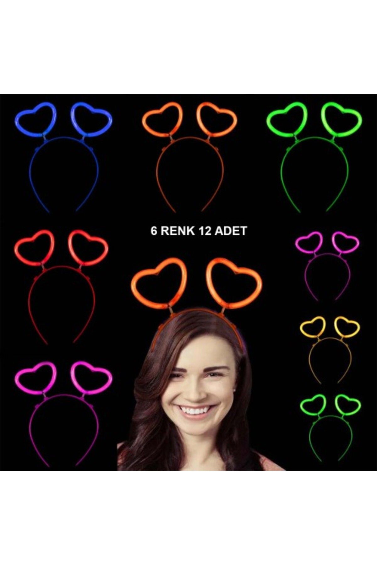 Butik Glow Stick Karanlıkta Yanan Fosforlu Kalp Taç 12 Adet