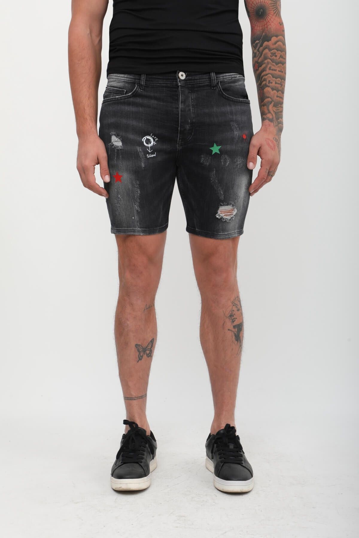 Bluewhite-Men's Print Patterned Jean Shorts Anthracite 4