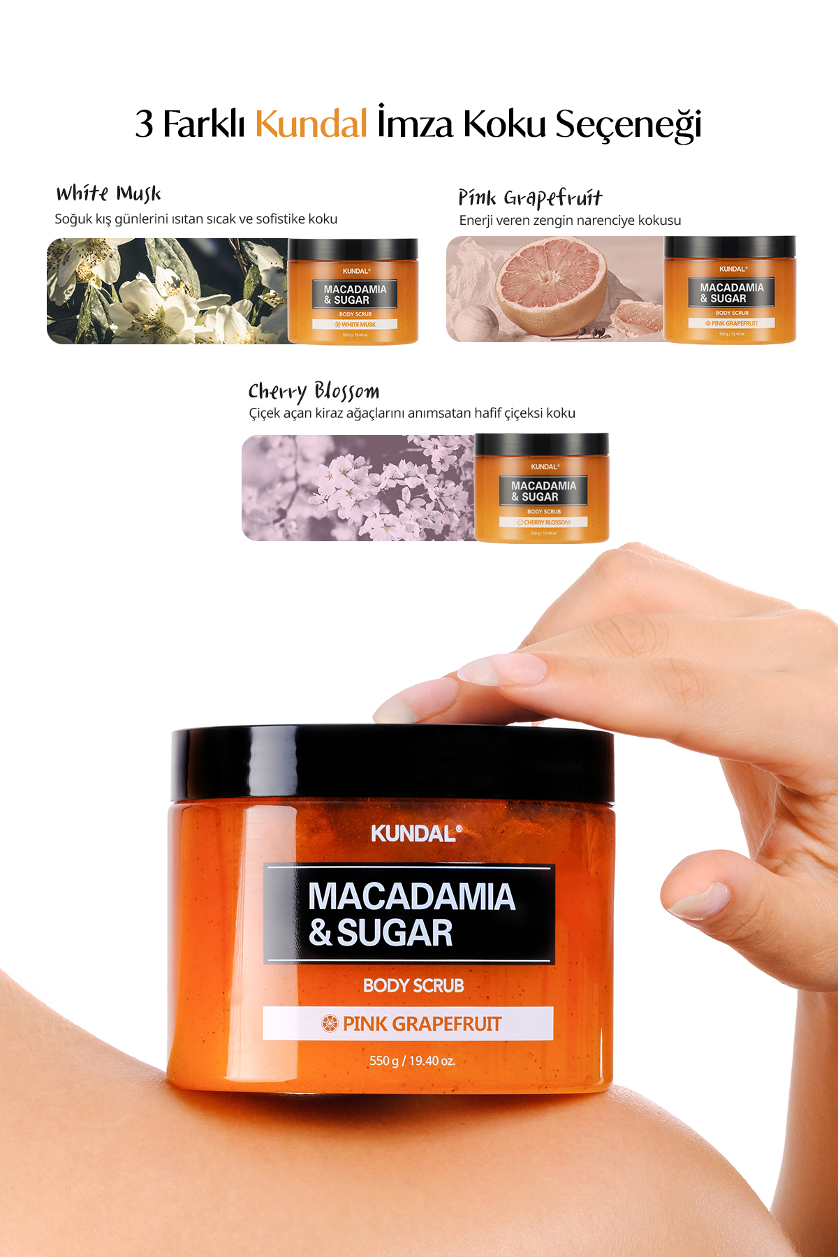 Arındırıcı Pürüzsüzleştirici Vücut Peelingi KUNDAL Macadamia & Sugar Body Scrub 550g(Cherry Blossom) — 7227 — تصویر 8 از 8