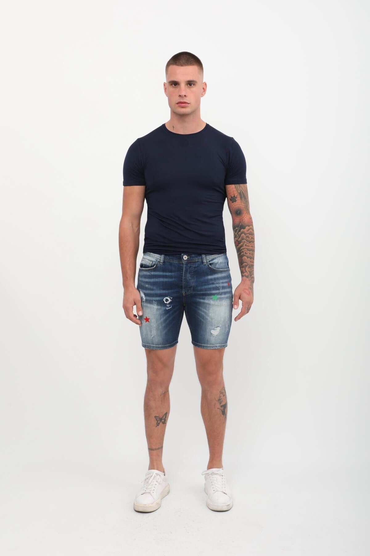 Bluewhite Pantaloni Scurți De Jeans Pentru Bărbați - Albastru Închis, Cu Detaliu De Plasture Masculin - 44