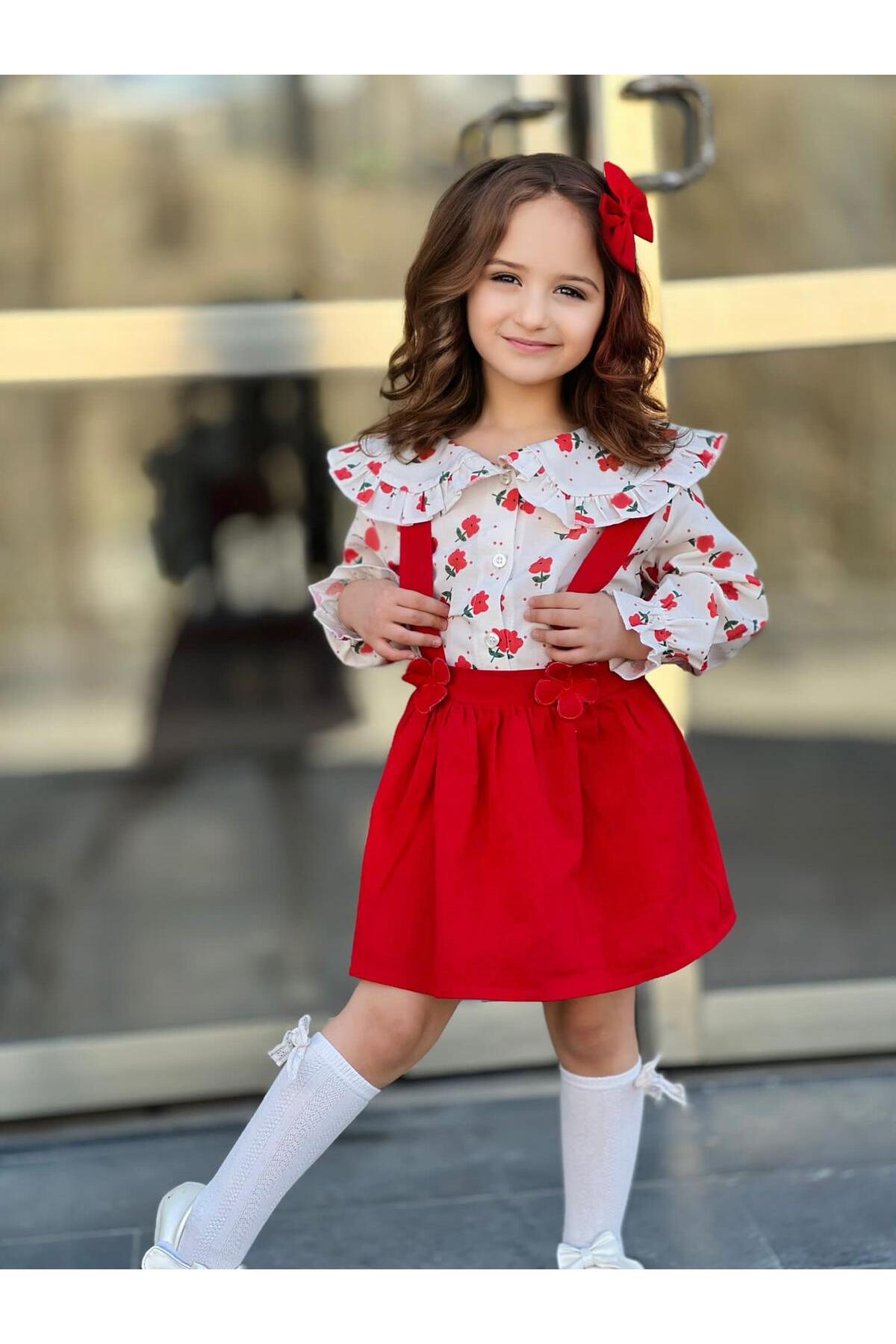 Trend Bebe Butik Kız Çocuk 2’li Takım Askılı Kırmızı Jile Elbise Çiçek Desenli Fırfırlı Gömlek Özel Günler Şık Kombin fotoğrafı 5 (önizleme)