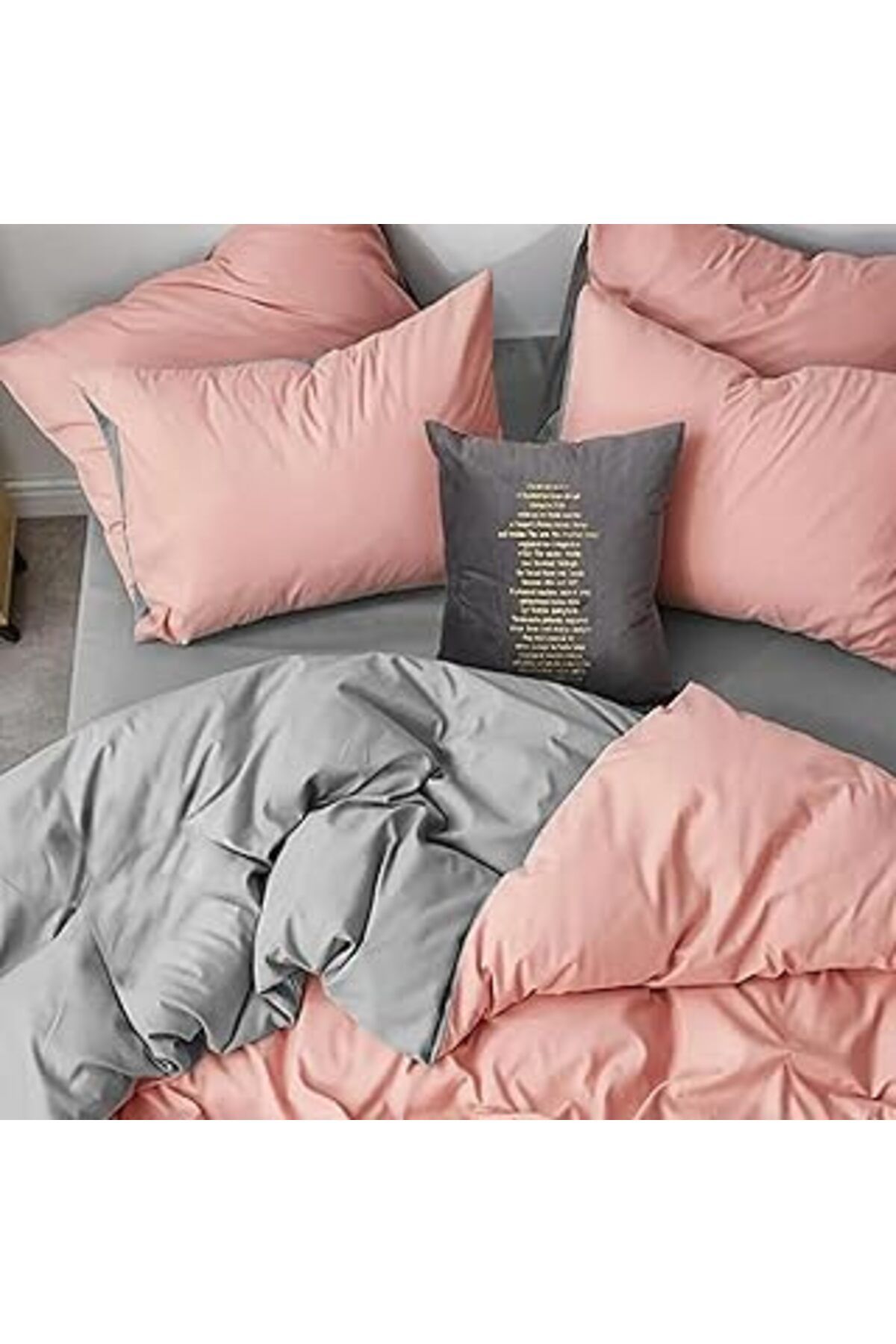 Mu Art Ahşap Valoroso Tekstil Nevresim Takımı Çift Kişilik Lastikli Çarşaflı (GRİ TOZPEMBE)