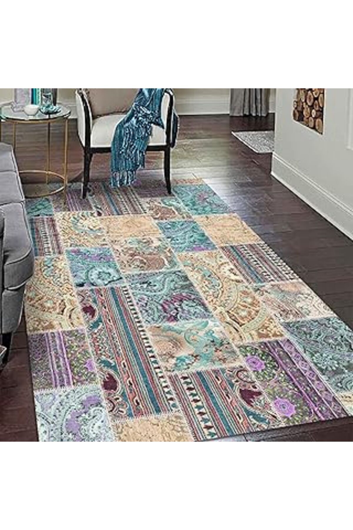 robotrend Latte Dizayn Echer Desenli Pamuk Tabanlı Yıkanabilen Kaydırmaz Antibakteriyel Salon Halısı 80X150