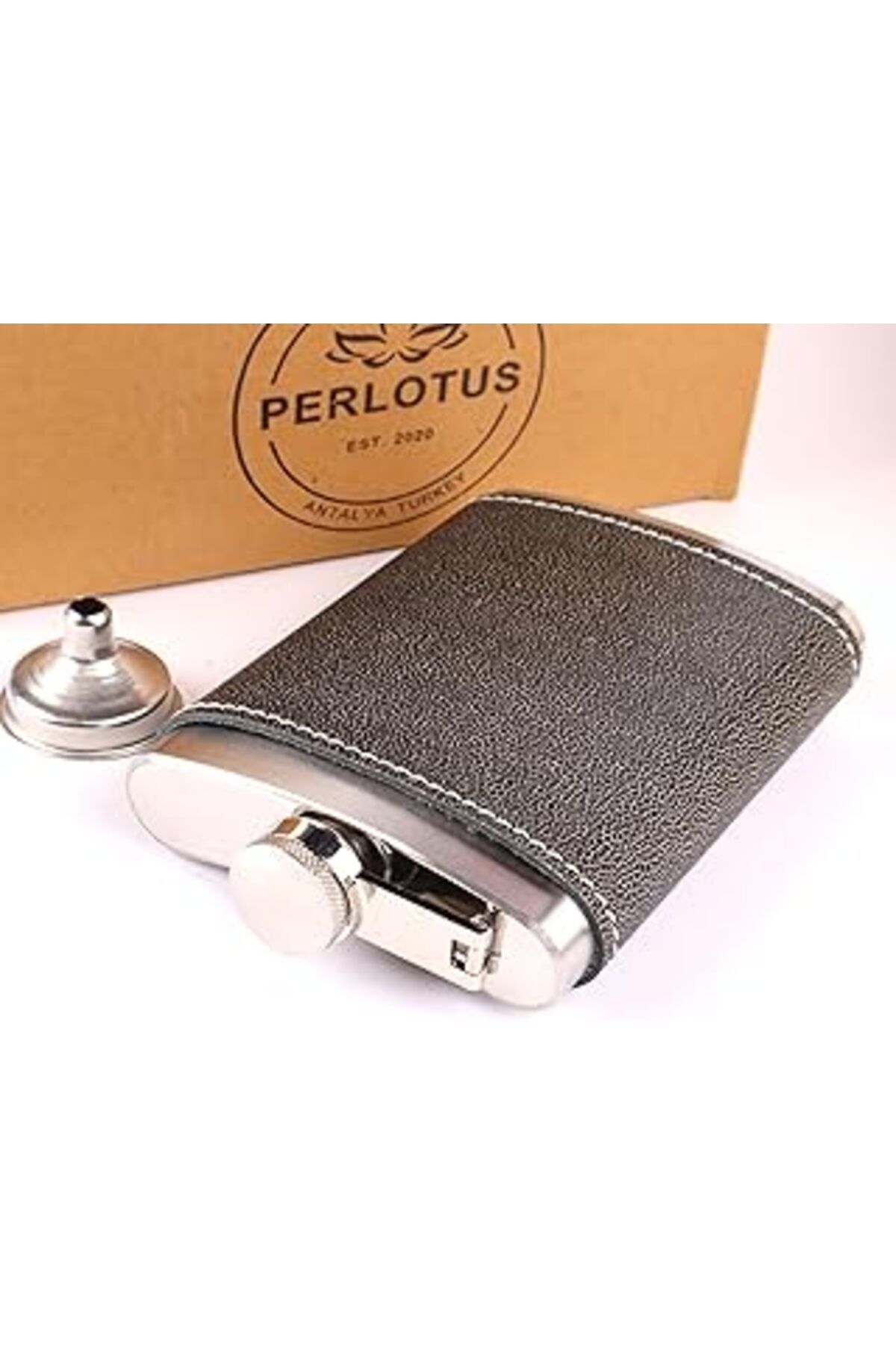 Mu Art Ahşap Perlotus El Dikişi Gri Hakiki Derili 8 Oz 240 Cc Hunili Çelik Viski Içki Matarası