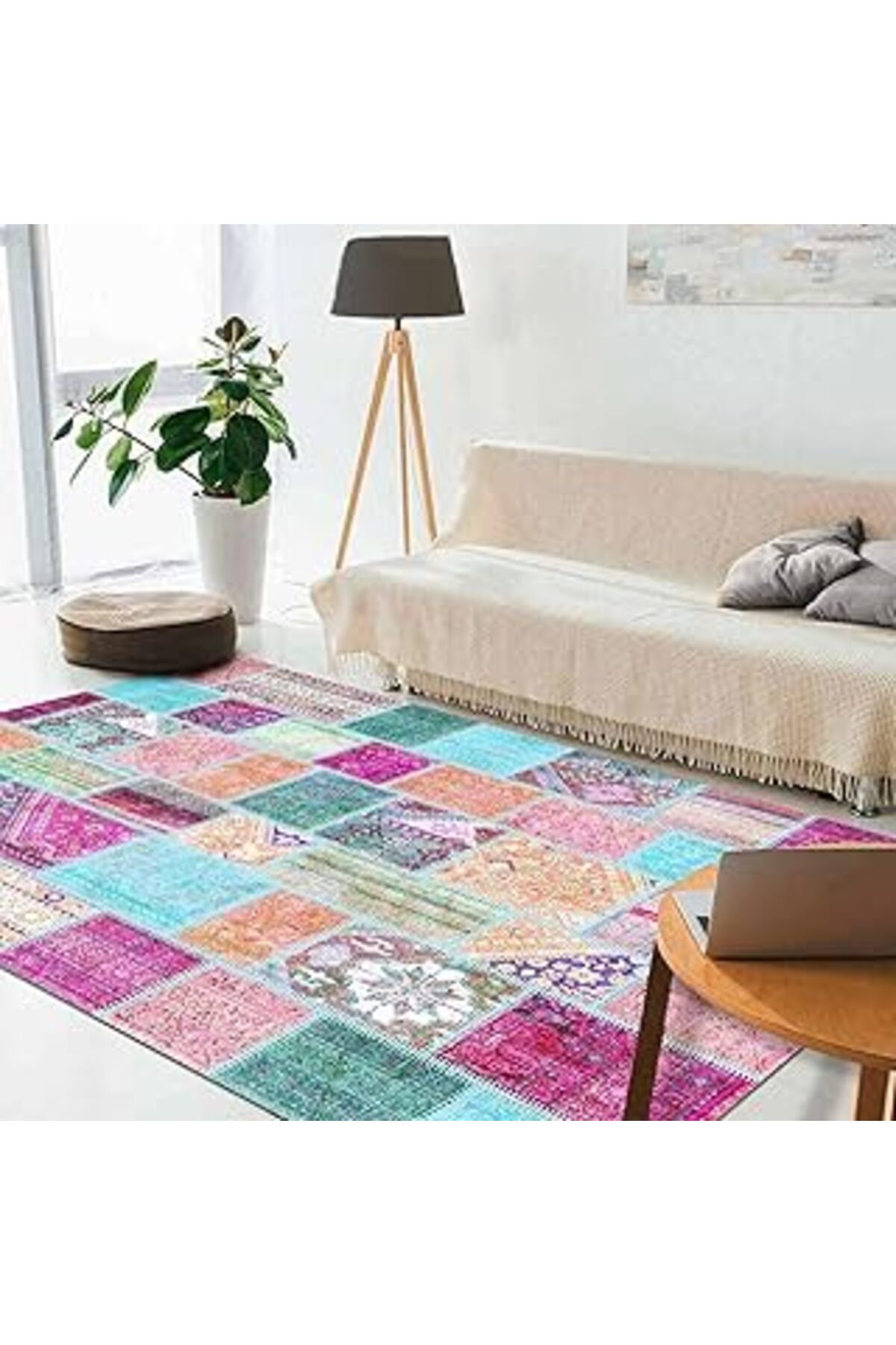 robotrend Latte Dizayn Cory Desenli Pamuk Tabanlı Yıkanabilen Kaydırmaz Antibakteriyel Salon Halısı 80X195