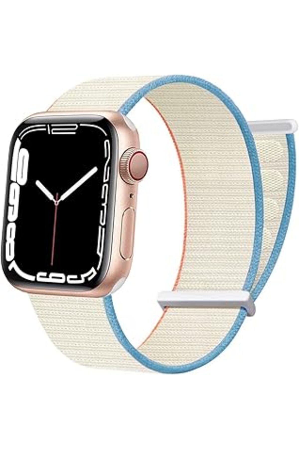 Pazarcan Minesk Apple Watch Tüm Serileri Ile Uyumlu Hasır Örme Loop Kumaş Kordon (42-44-45-49, Krem-Mavi-Tur