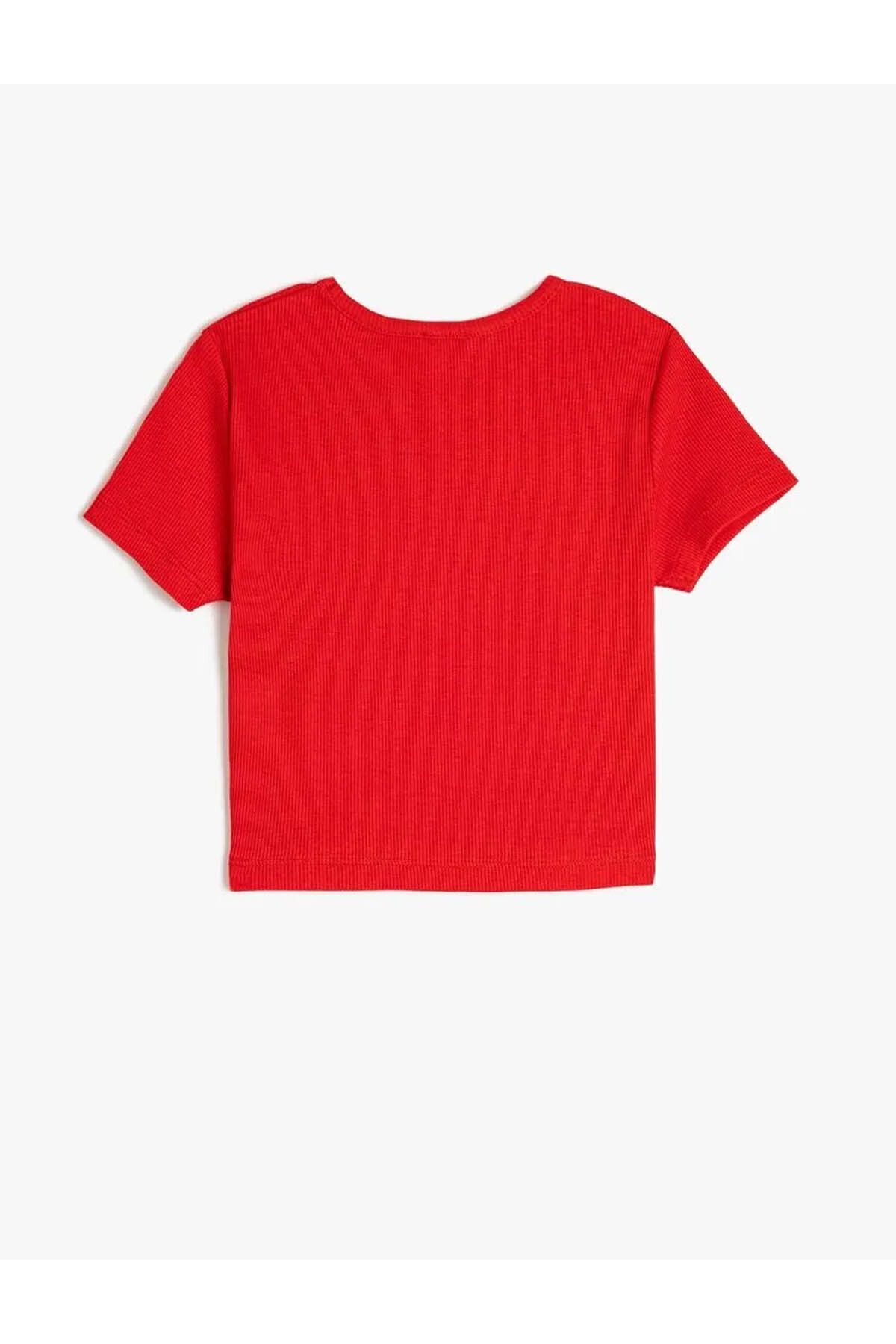 Koton-Cotton Butterfly Printed Crew Neck Red Girl's T-Shirt 5Skg10269Ak 3