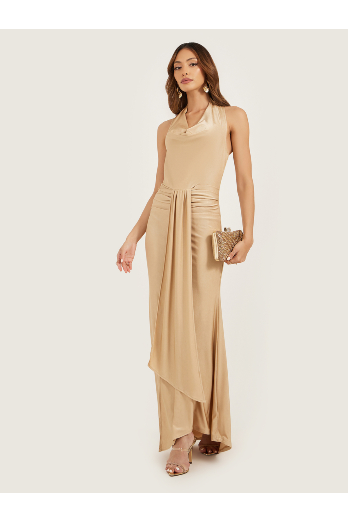 Styli Satin Cowl Neck Sleeveless Mermaid Maxi Dress