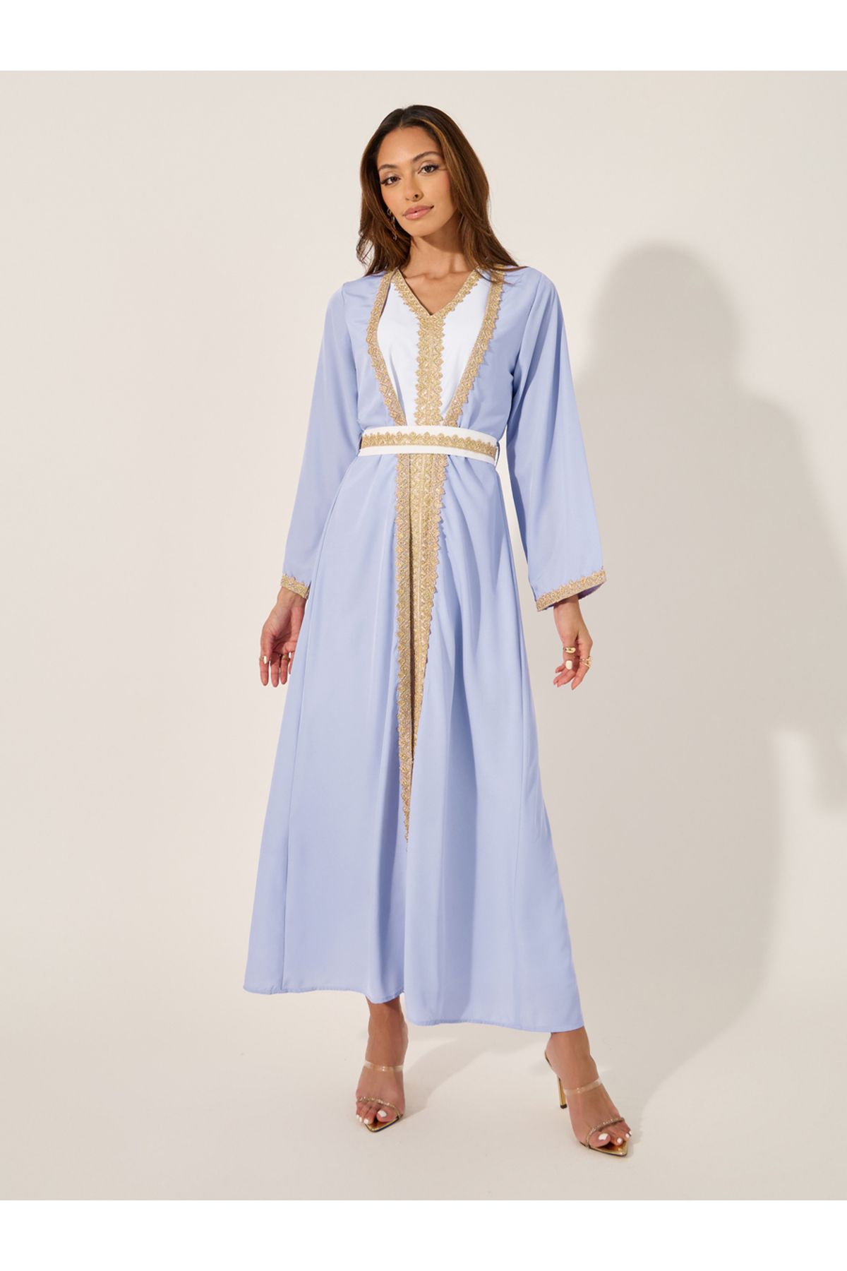 Styli-Mesh Insert V-Neck Lace Detail Belted Kaftan 2