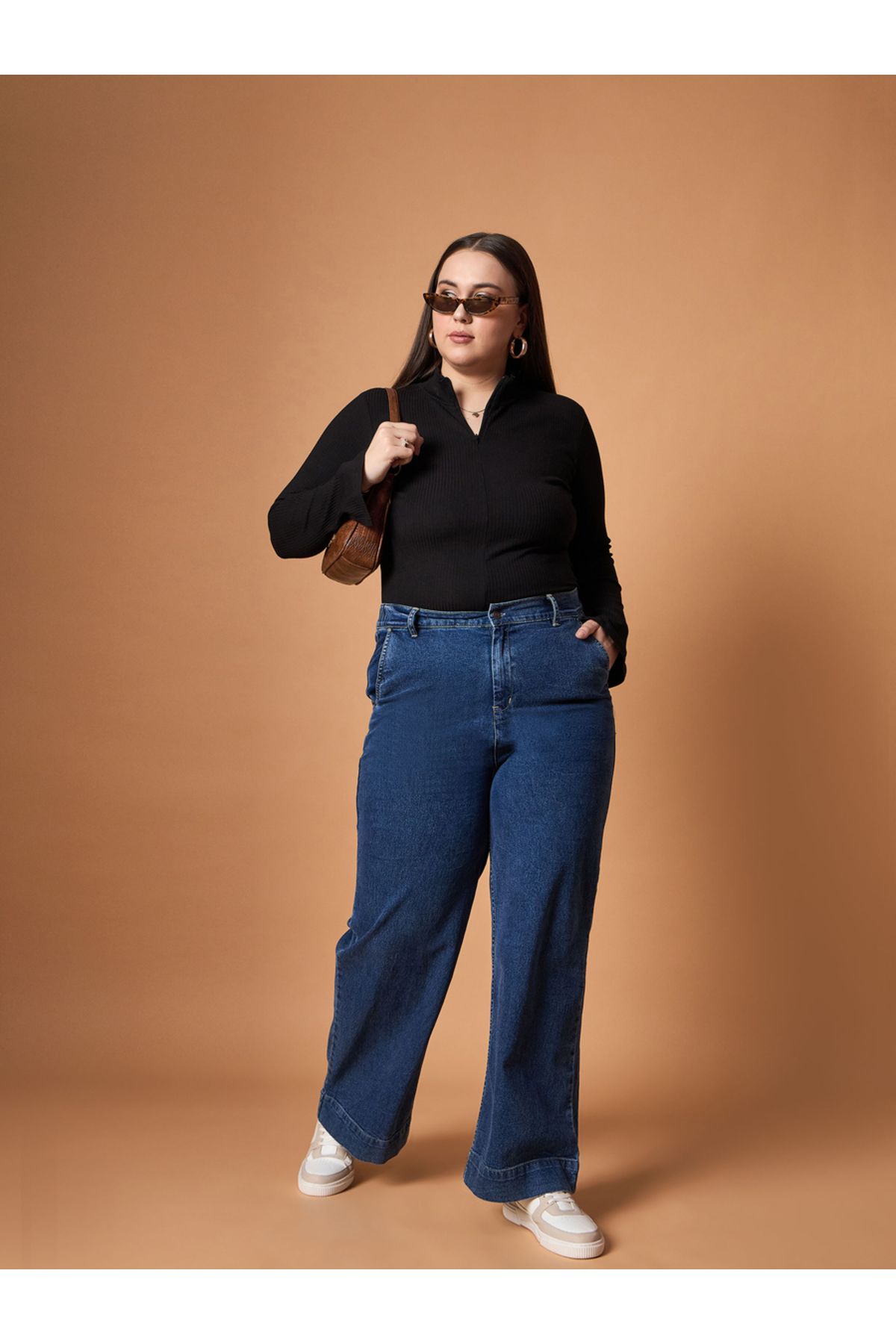 Sassafras By Styli-Plus Size Rib Knit Front Zipper High Neck Top 4