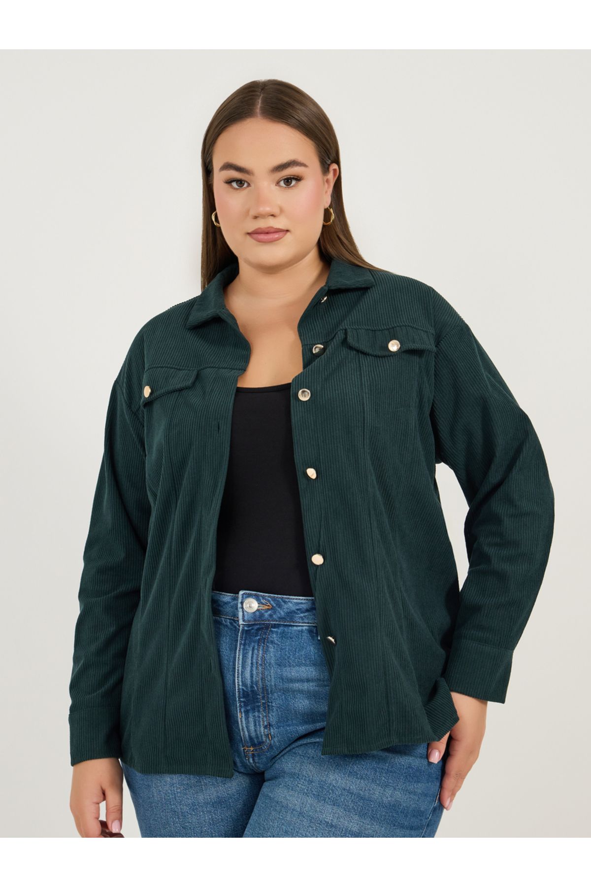 Styli-Plus Size Chest Pocket Corduroy Shirt with Metal Buttons 1