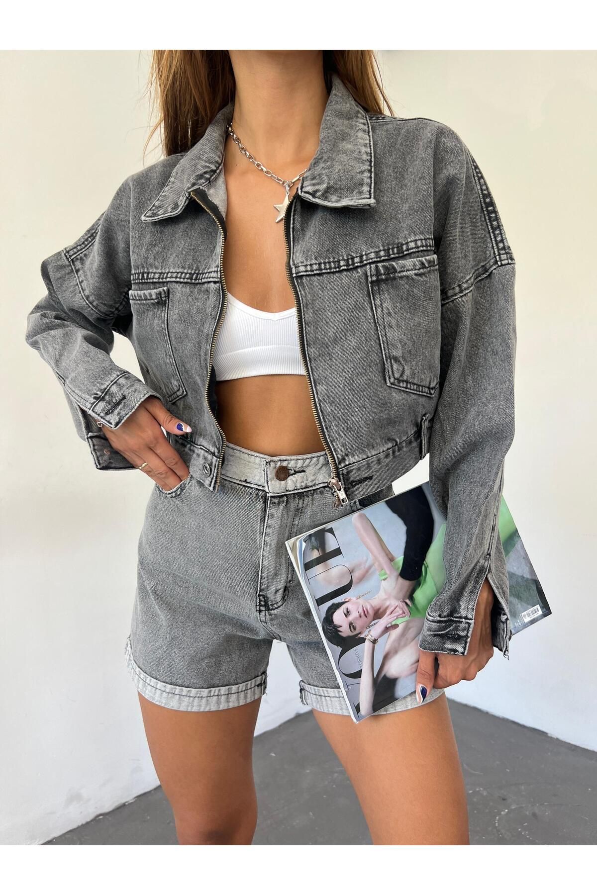 HİLALSHOP Fermuarlı Çift Cepli Denim Ceket