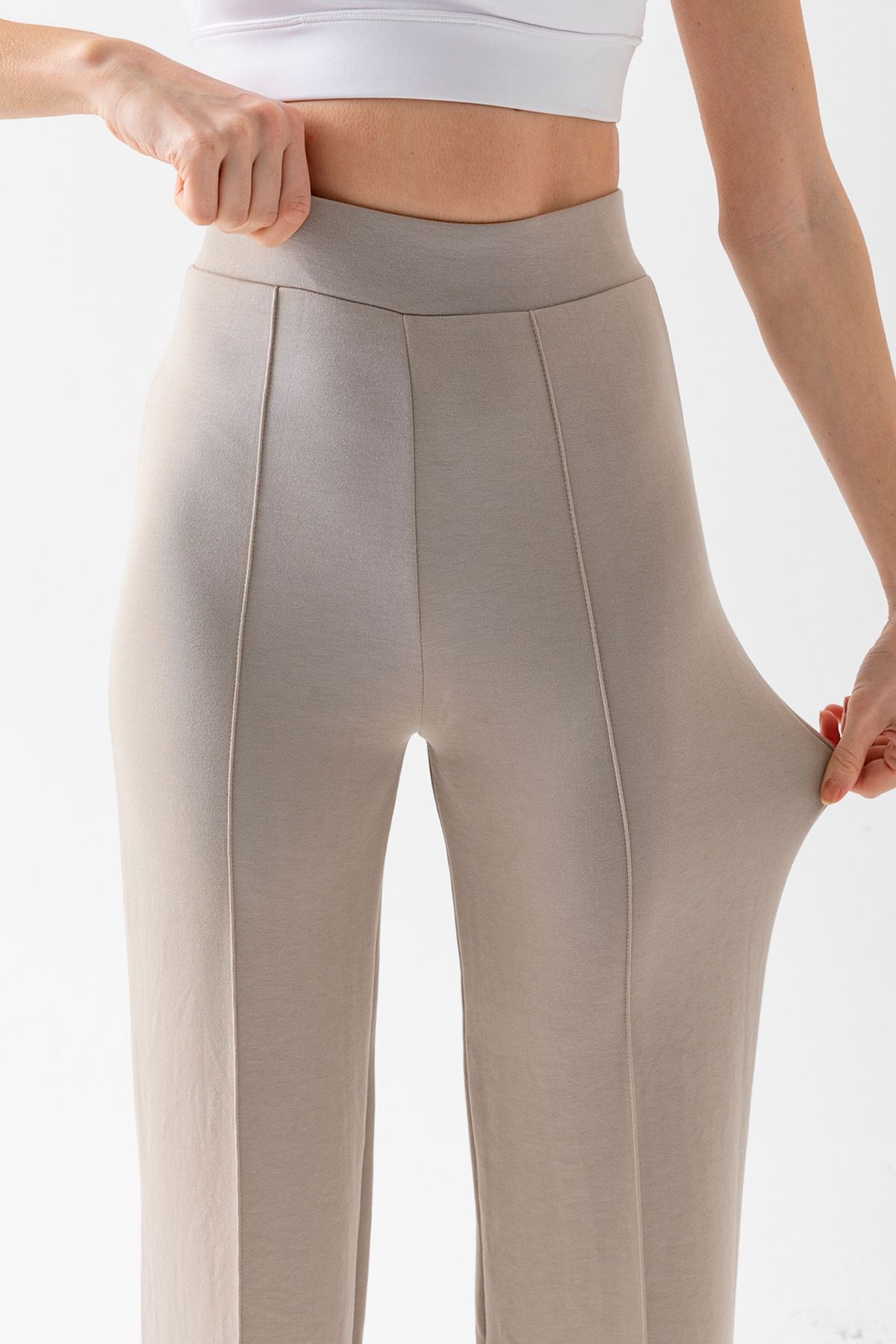 CNRCollection-Women's Stone Color Gathering Wide Fit Leg Modal Fabric Leggings Trousers 2