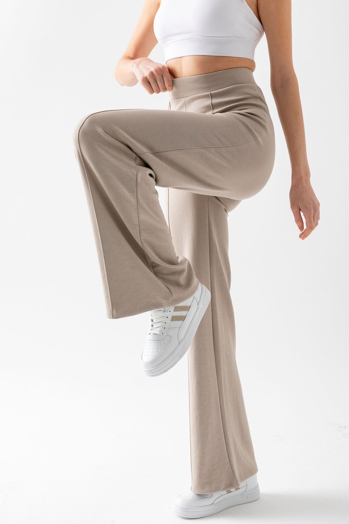 CNRCollection-Women's Stone Color Gathering Wide Fit Leg Modal Fabric Leggings Trousers 7