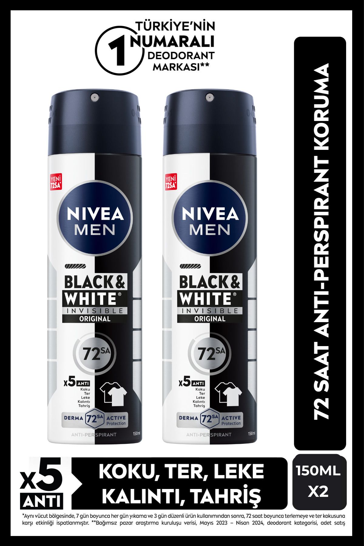 اسپری مردانه دئودورانت سیاه و سفید Invisible اصل 150 میلی لیتری، ضد تعریق 72 ساعته، X2 قطعه NIVEA