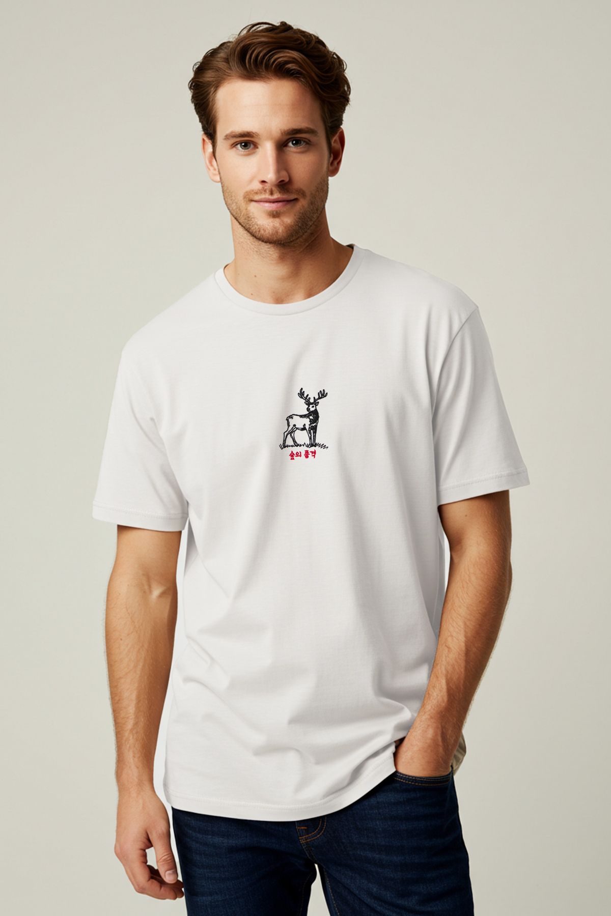 Trendyol Collection Ecru-oversize-t-shirt Mit Fernost- Und Hirsch-stickerei – für Herren - L